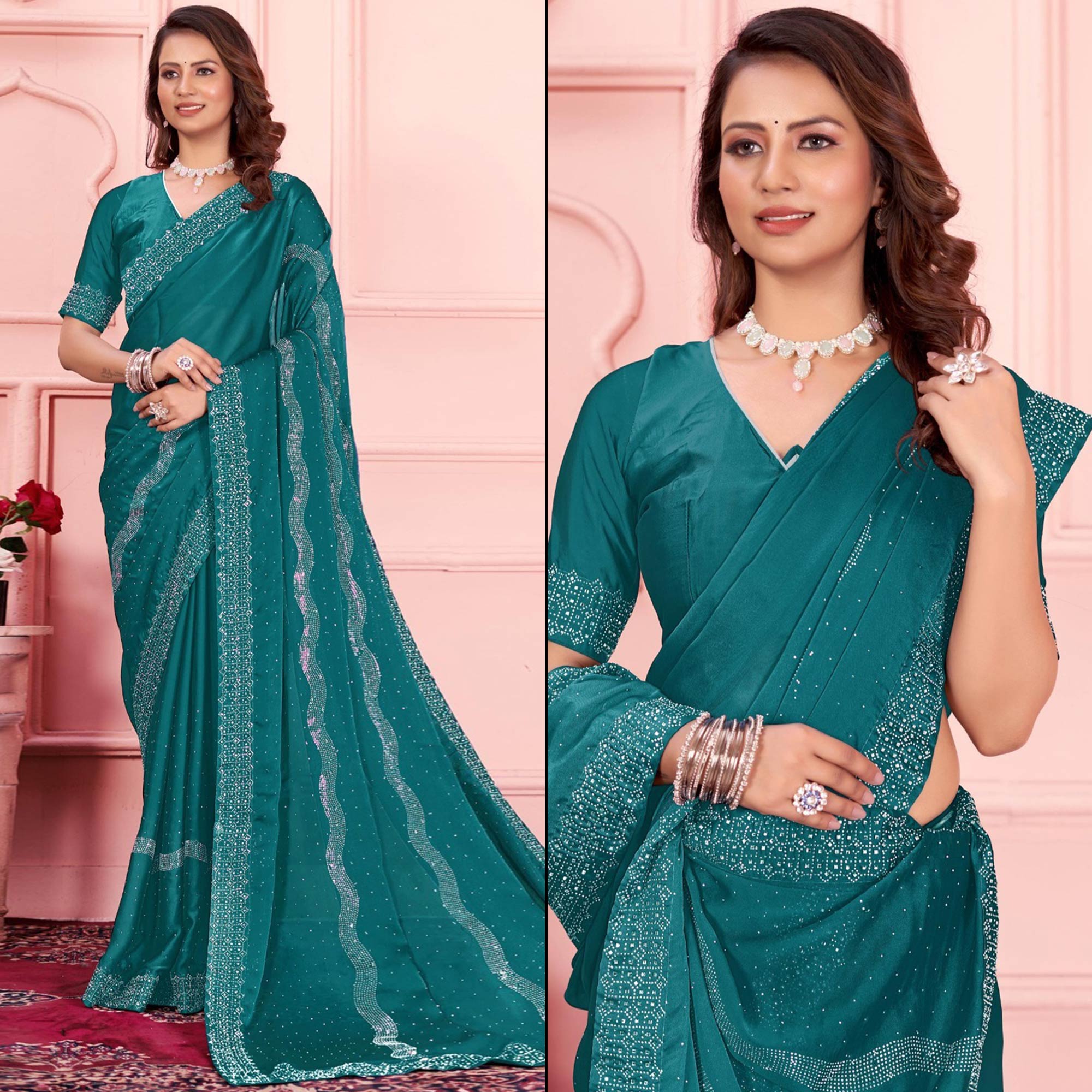 Rama Blue Swarovski Work Satin Saree