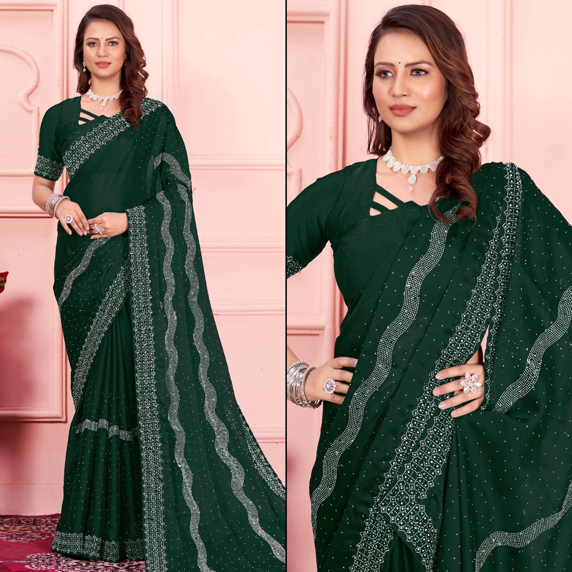 Green Swarovski Work Satin Saree