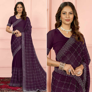 Wine Swarovski Work Satin Saree