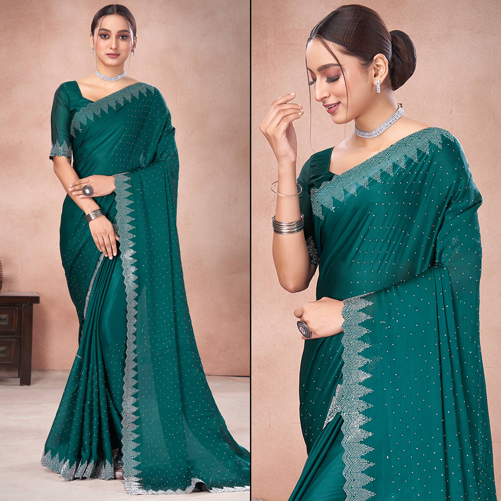 Rama Green Swarovski Work Satin Saree