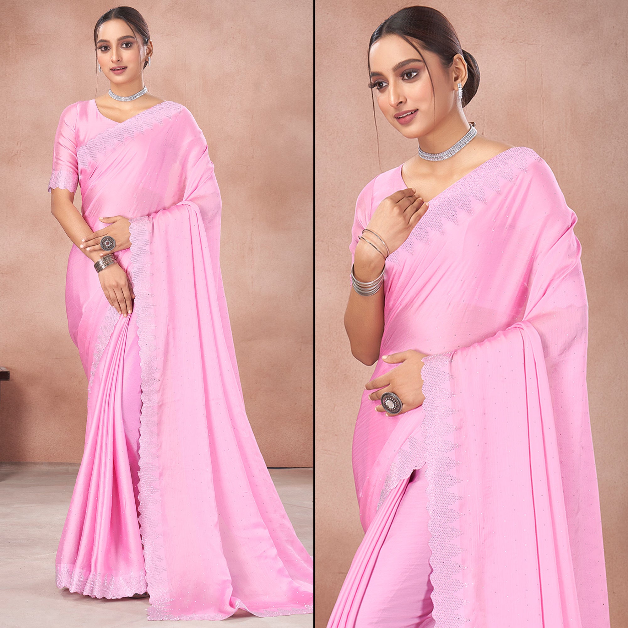 Light Pink Swarovski Work Satin Saree