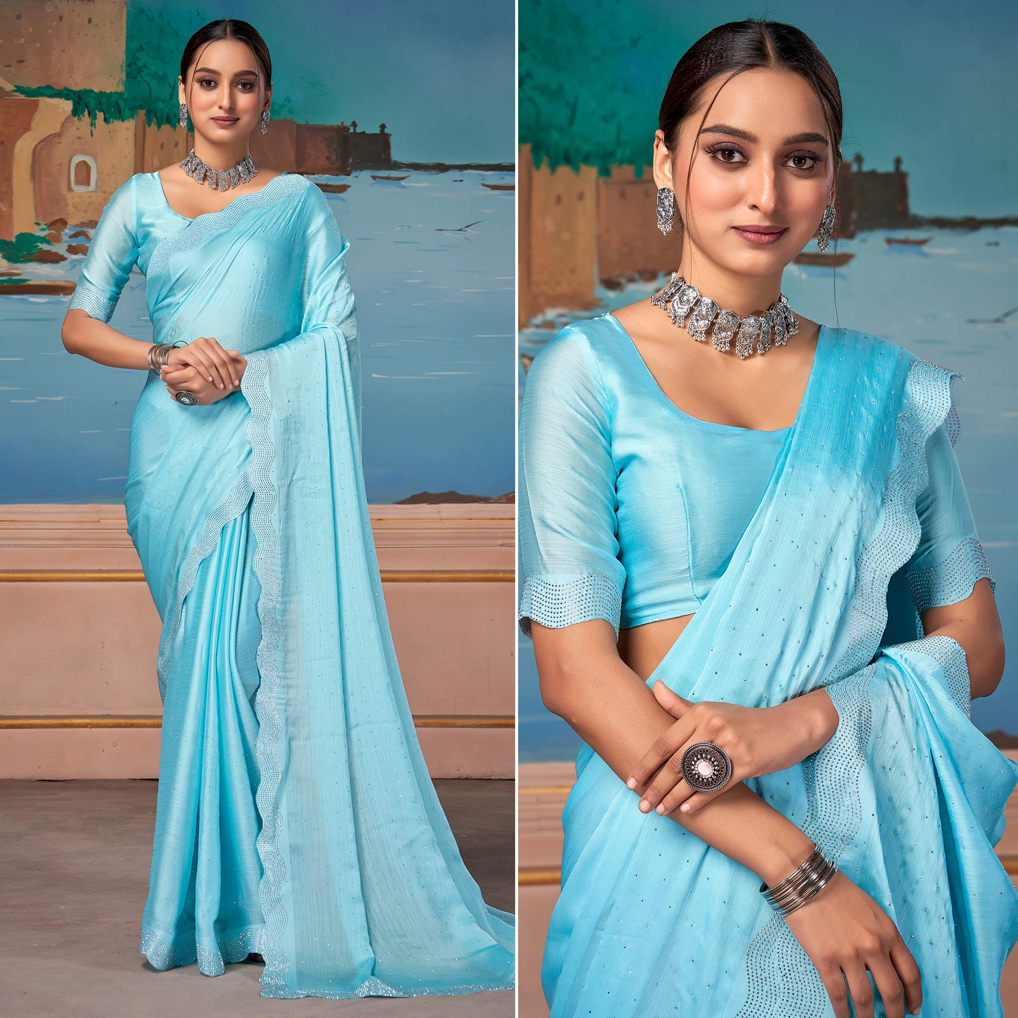 Light Blue Swarovski Work Satin Saree