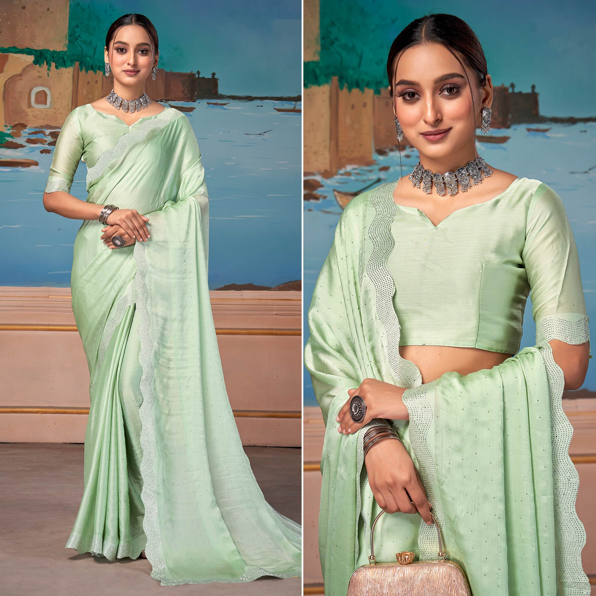 Pista Green Swarovski Work Satin Saree