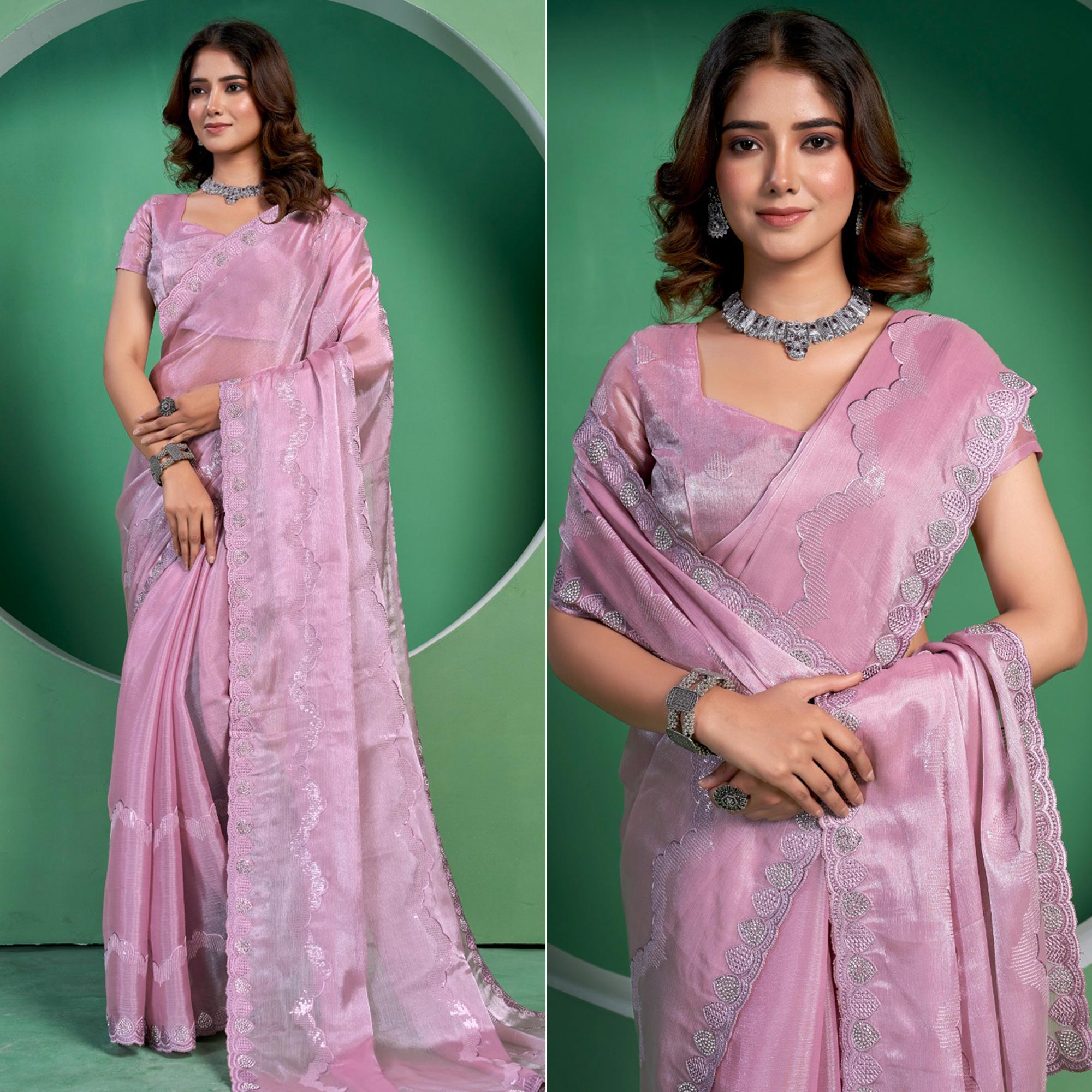 Pink Sequins Embroidered Chiffon Saree With Diamond Border