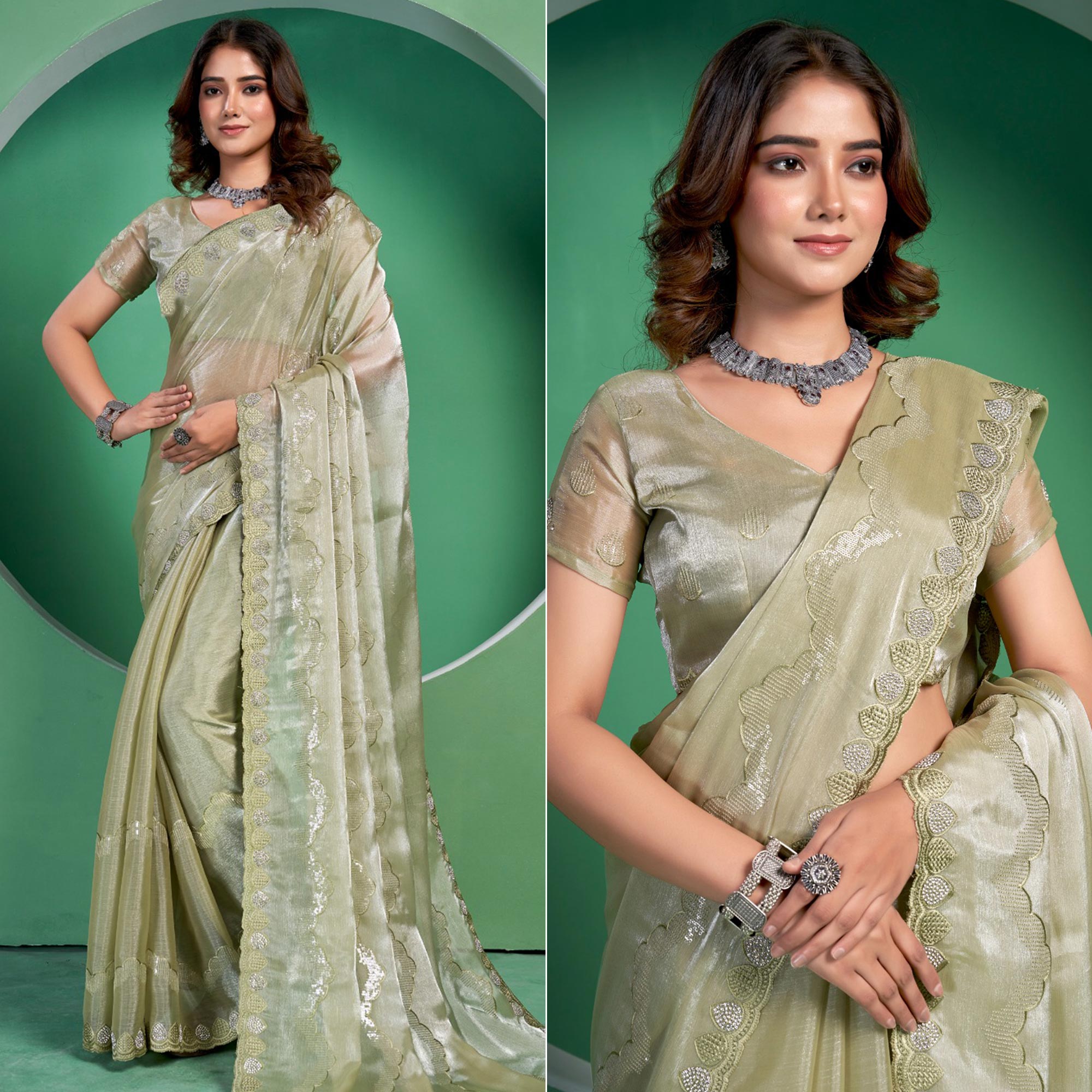 Pista Green Sequins Embroidered Chiffon Saree With Diamond Border