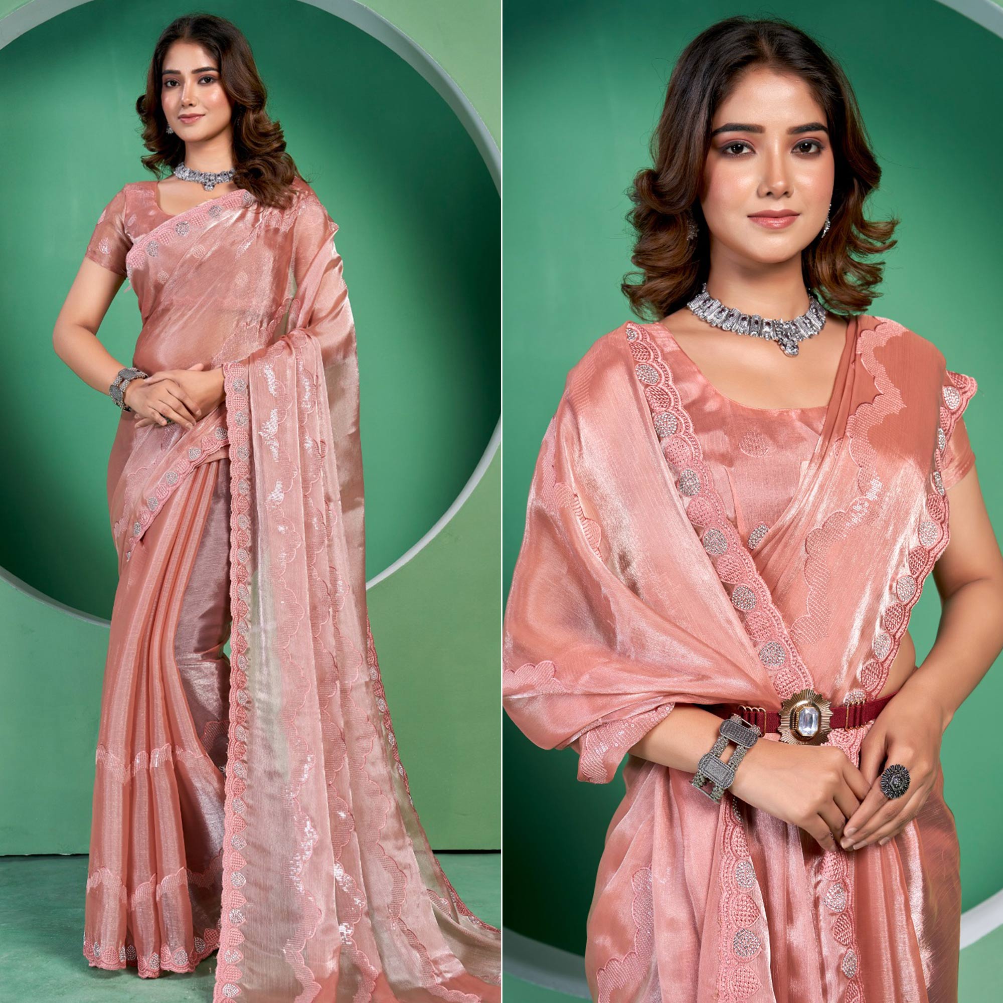 Peach Sequins Embroidered Chiffon Saree With Diamond Border