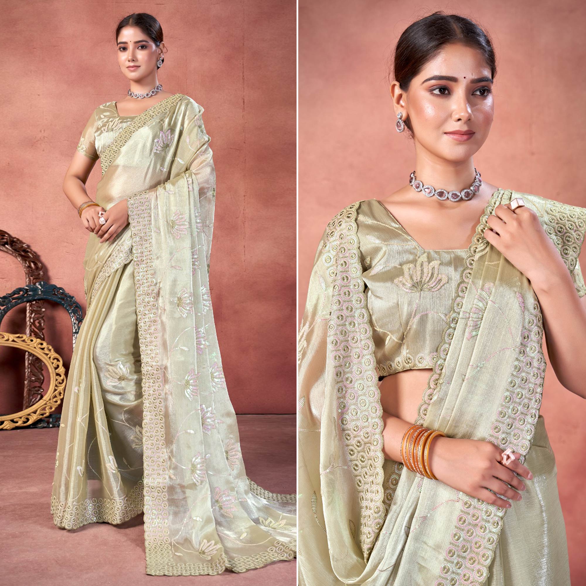 Pista Green Floral Sequins Embroidered chiffon Saree