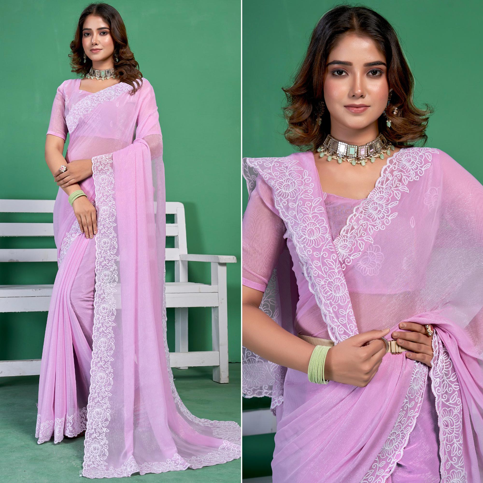 Purple Chiffon Saree With Embroidered Border