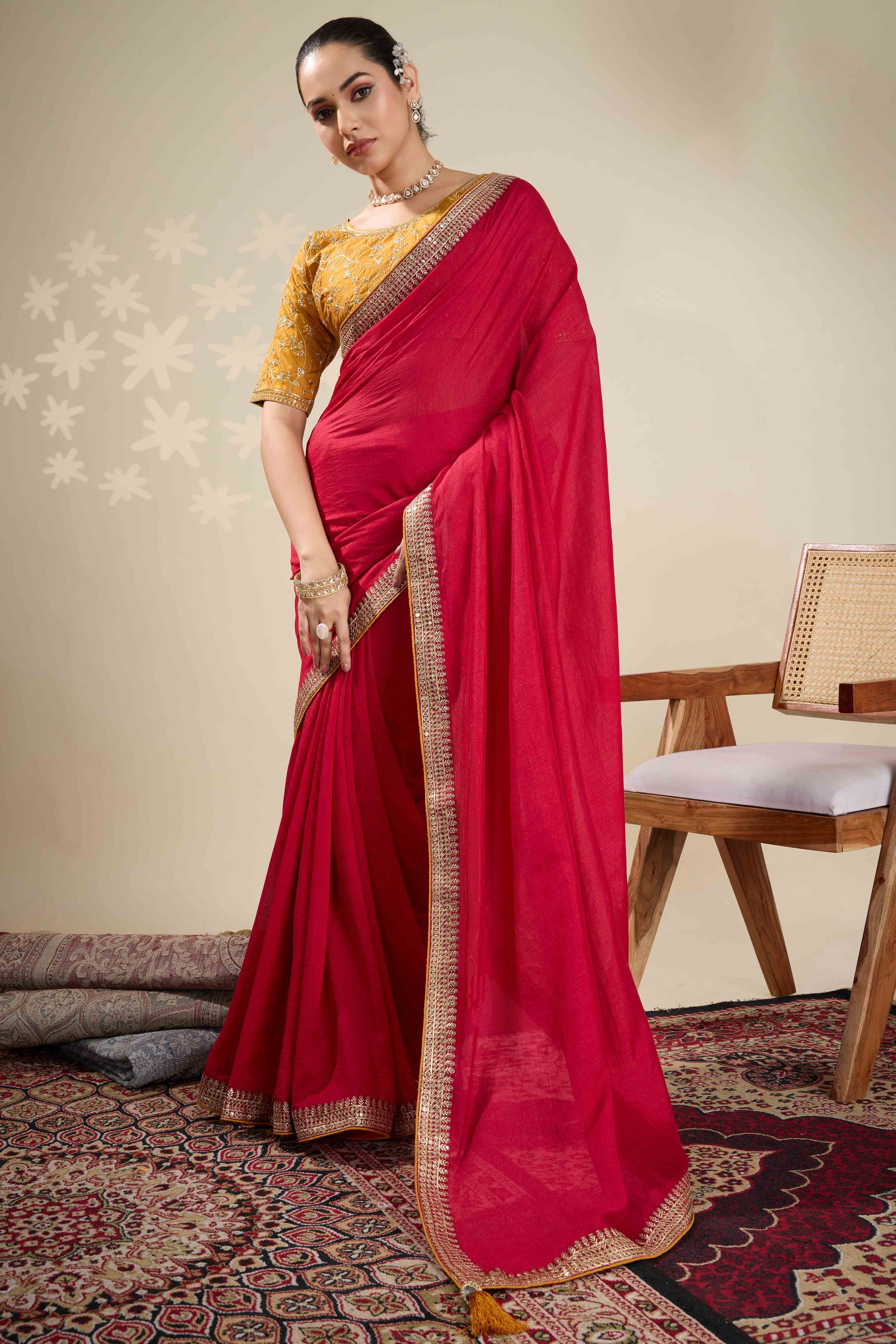 Graceful Vichitra Silk Saree in Cherry Red with Embroidered Bordering