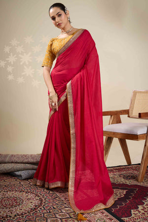 Graceful Vichitra Silk Saree in Cherry Red with Embroidered Bordering