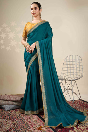 Graceful Vichitra Silk Saree in Teal with Embroidered Bordering