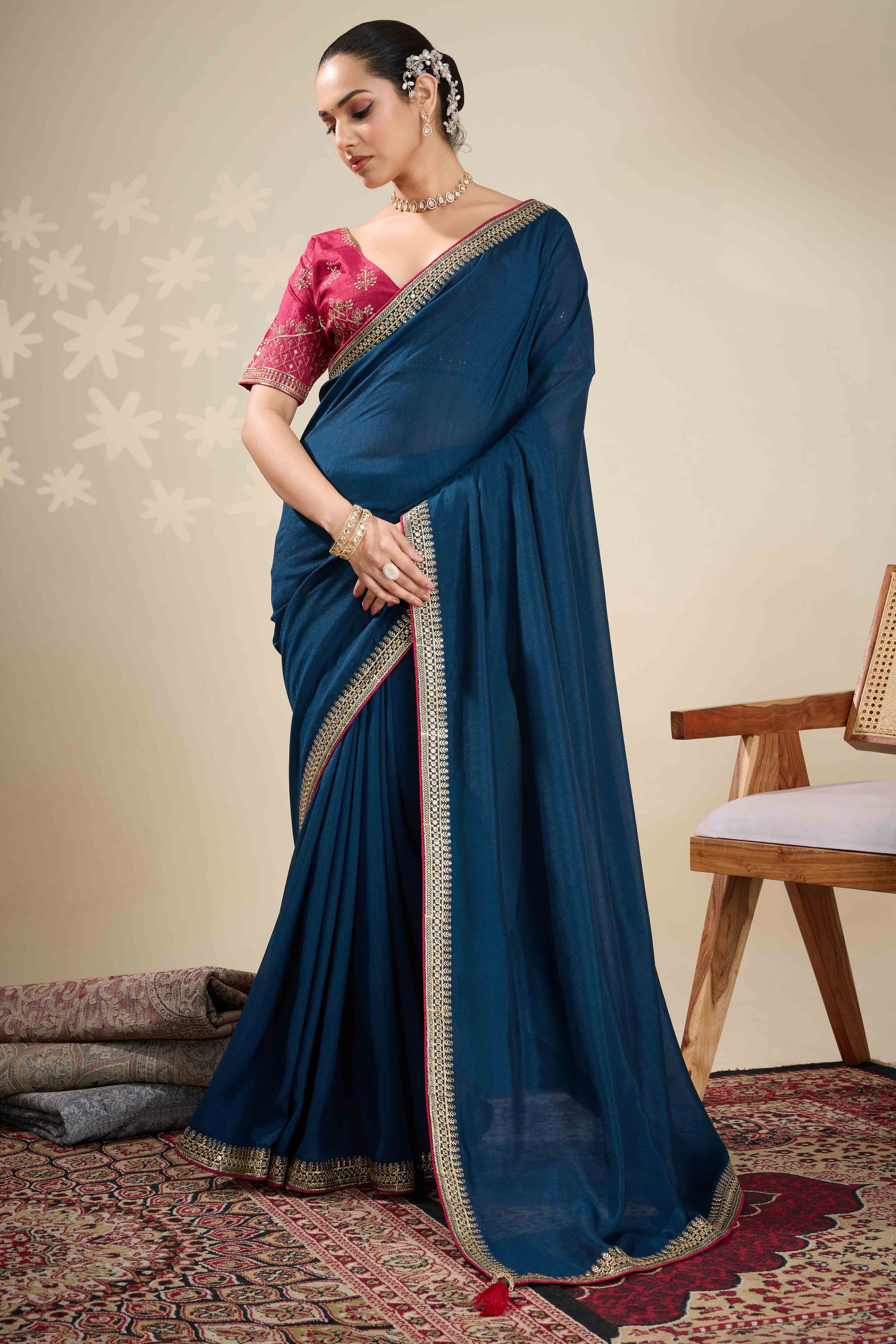 Graceful Vichitra Silk Saree in Navy Blue with Embroidered Bordering