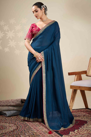 Graceful Vichitra Silk Saree in Navy Blue with Embroidered Bordering