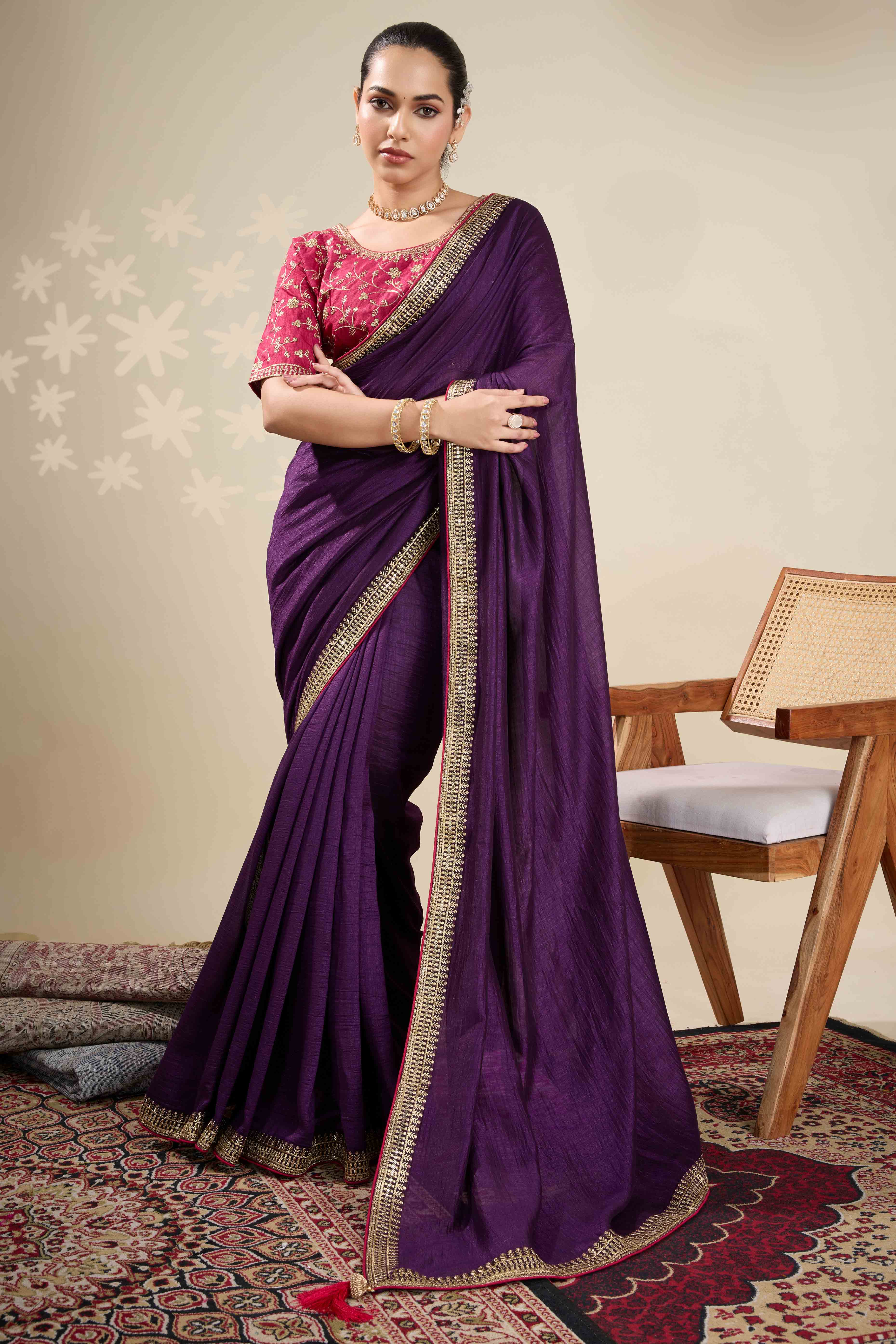 Graceful Vichitra Silk Saree in Purple with Embroidered Bordering