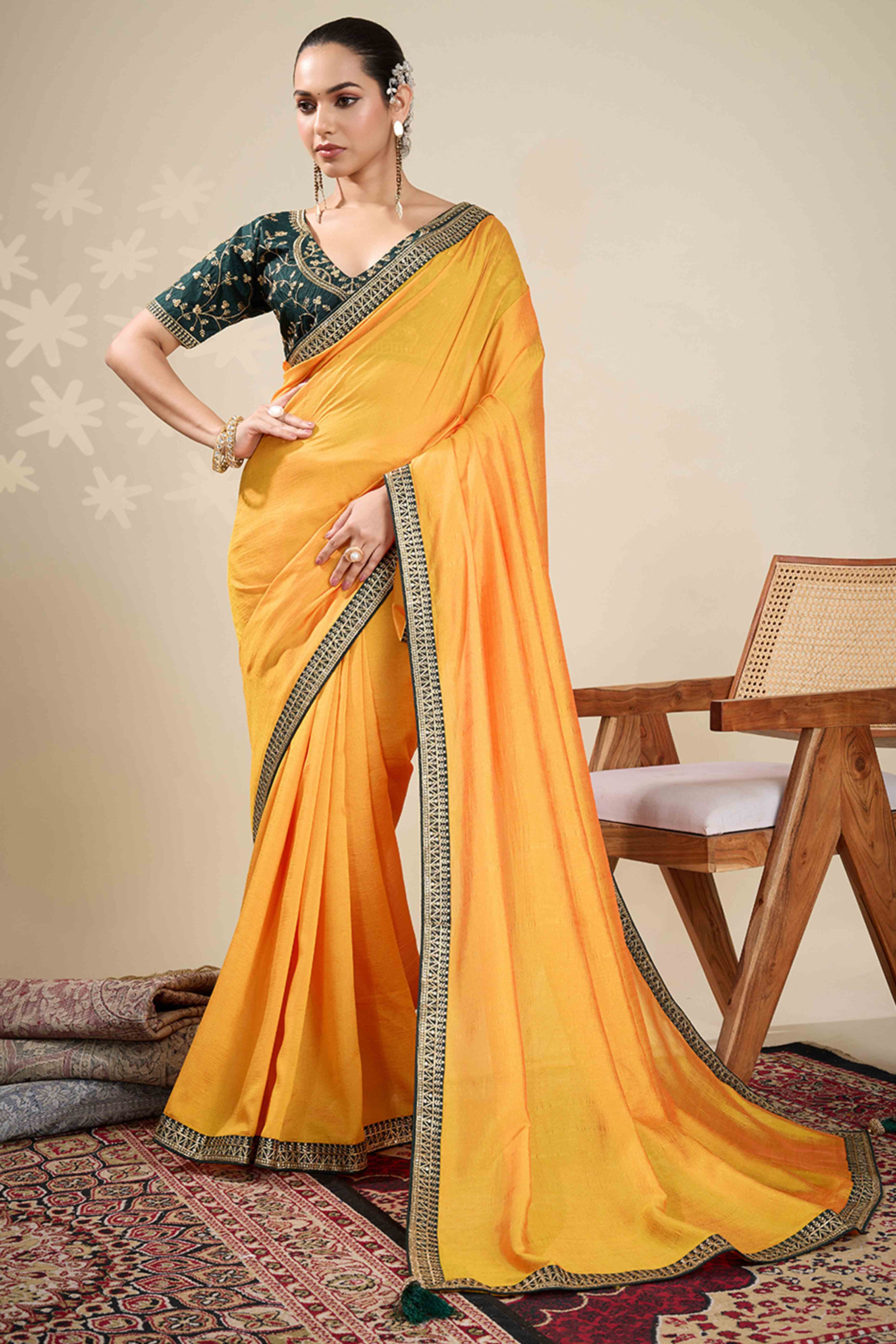 Graceful Vichitra Silk Saree in Yellow with Embroidered Bordering