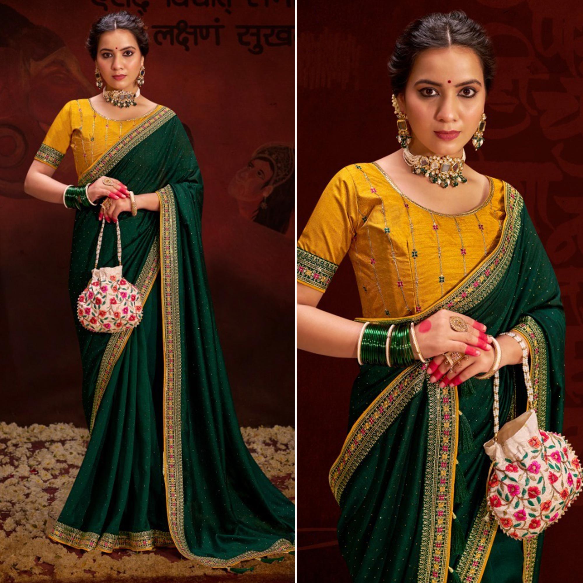 Dark Green Embroidered Vichitra Silk Saree With Tassels