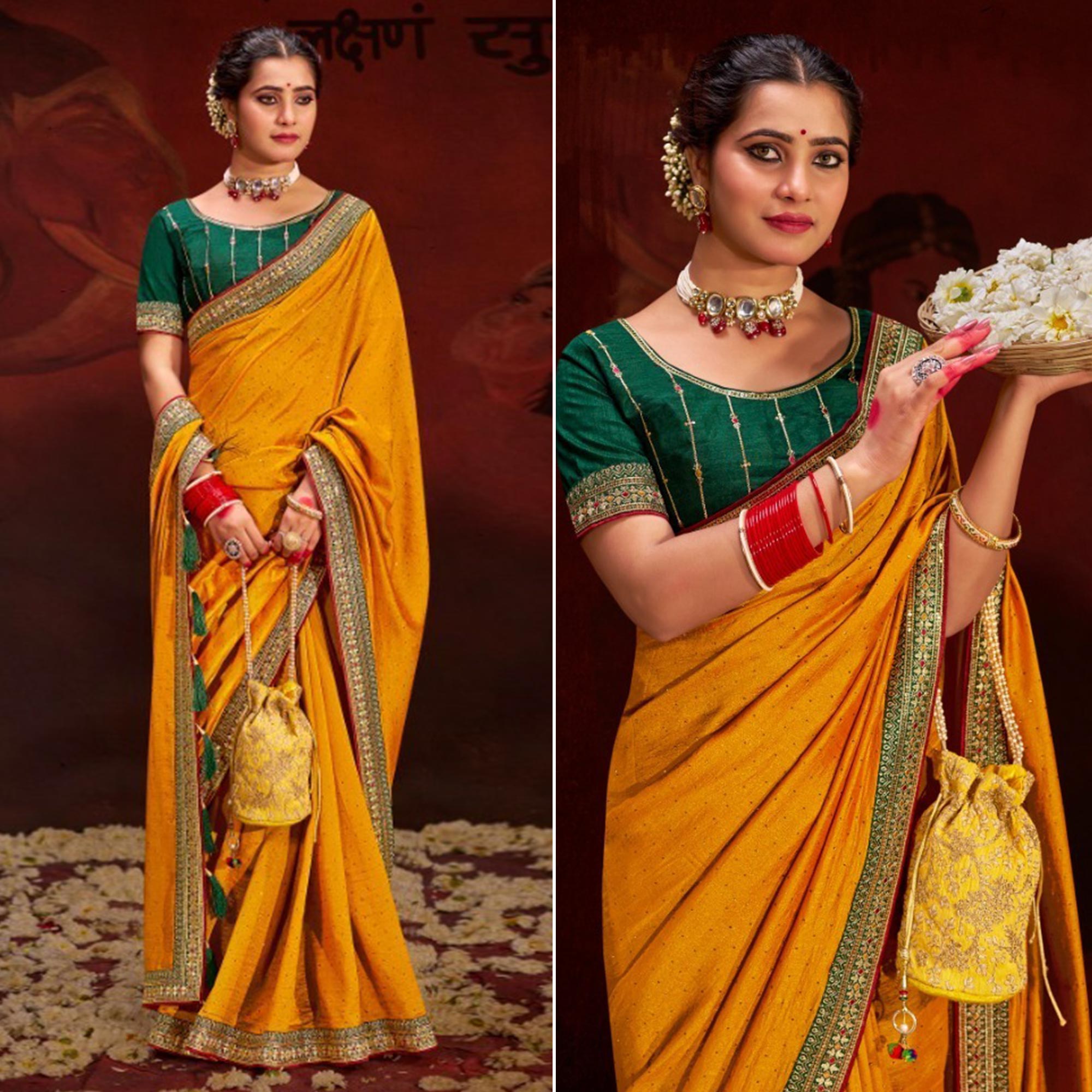 Mustard Embroidered Vichitra Silk Saree With Tassels