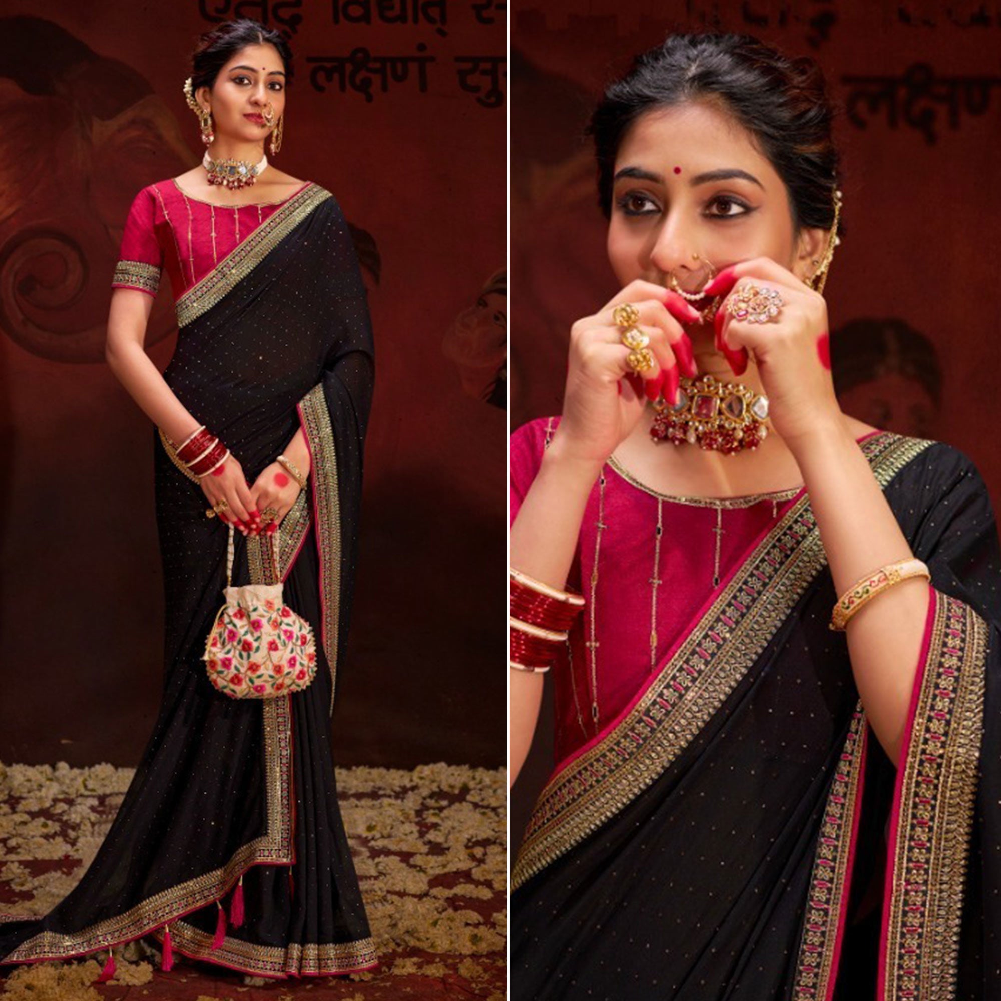 Black Embroidered Vichitra Silk Saree With Tassels