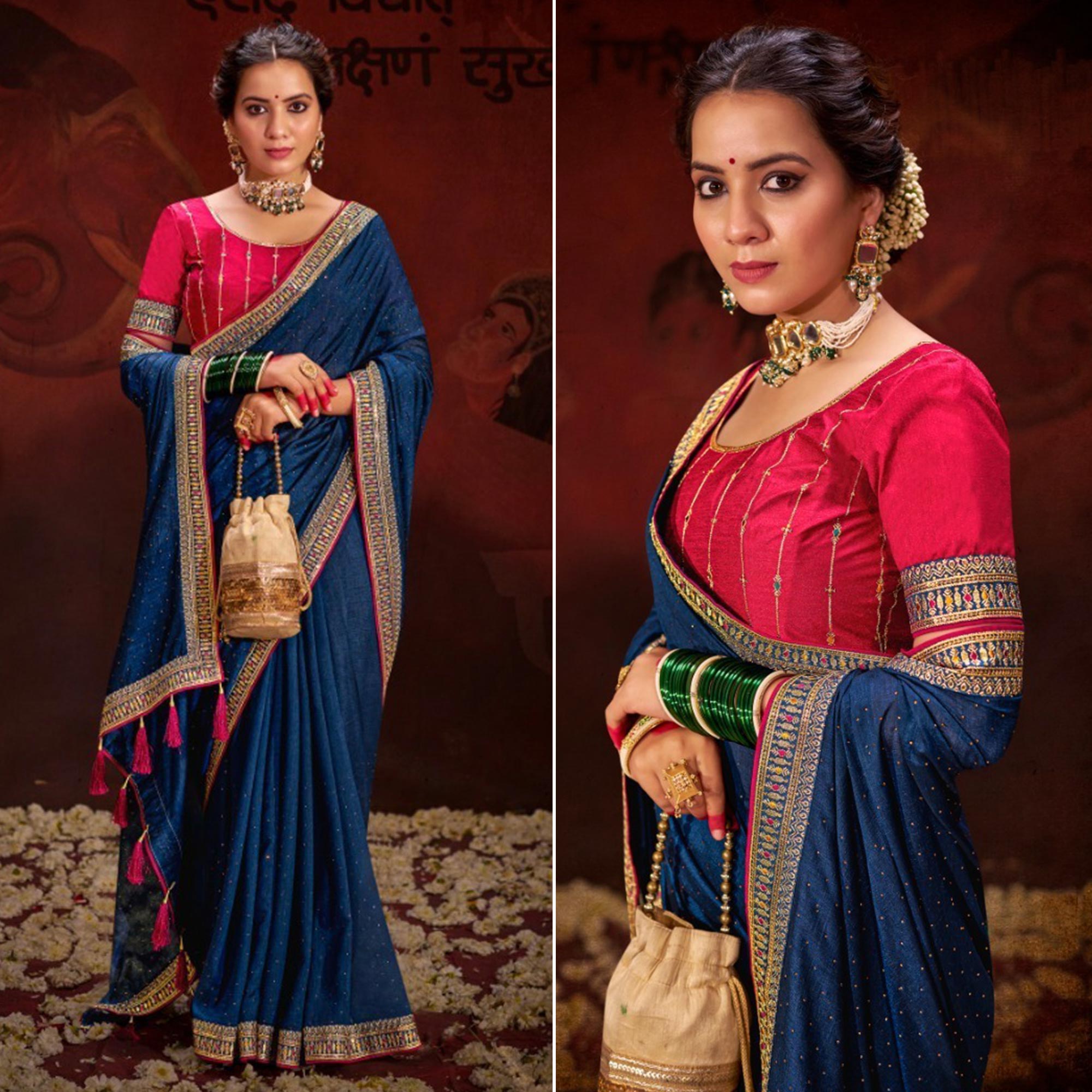 Royal Blue Embroidered Vichitra Silk Saree With Tassels