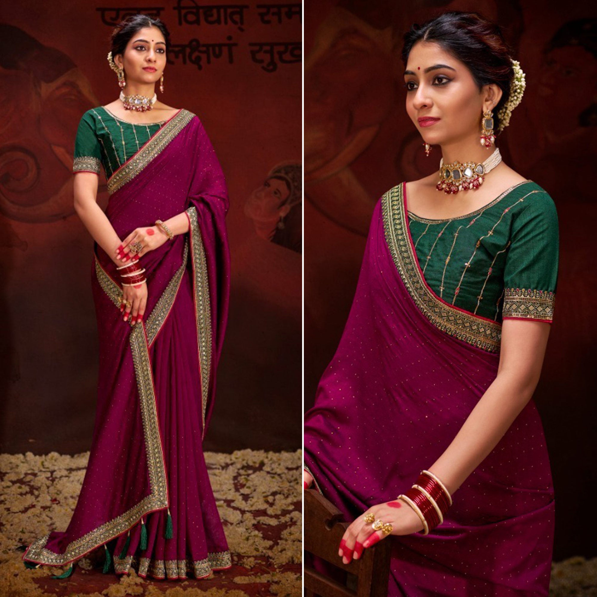 Wine Embroidered Vichitra Silk Saree With Tassels