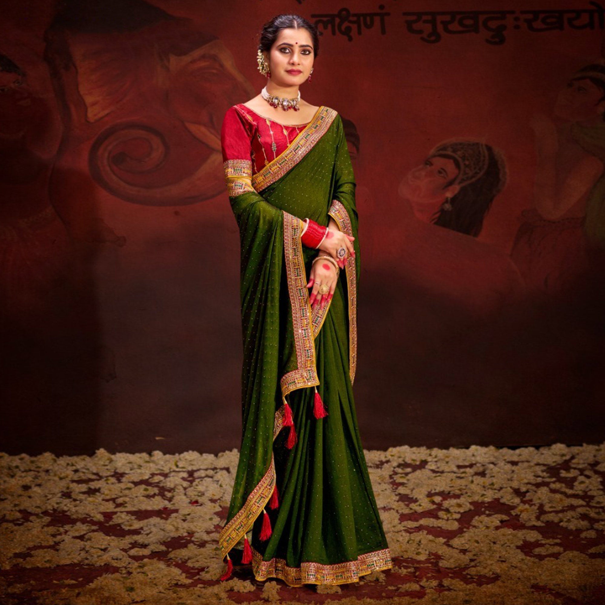 Green Embroidered Vichitra Silk Saree With Tassels