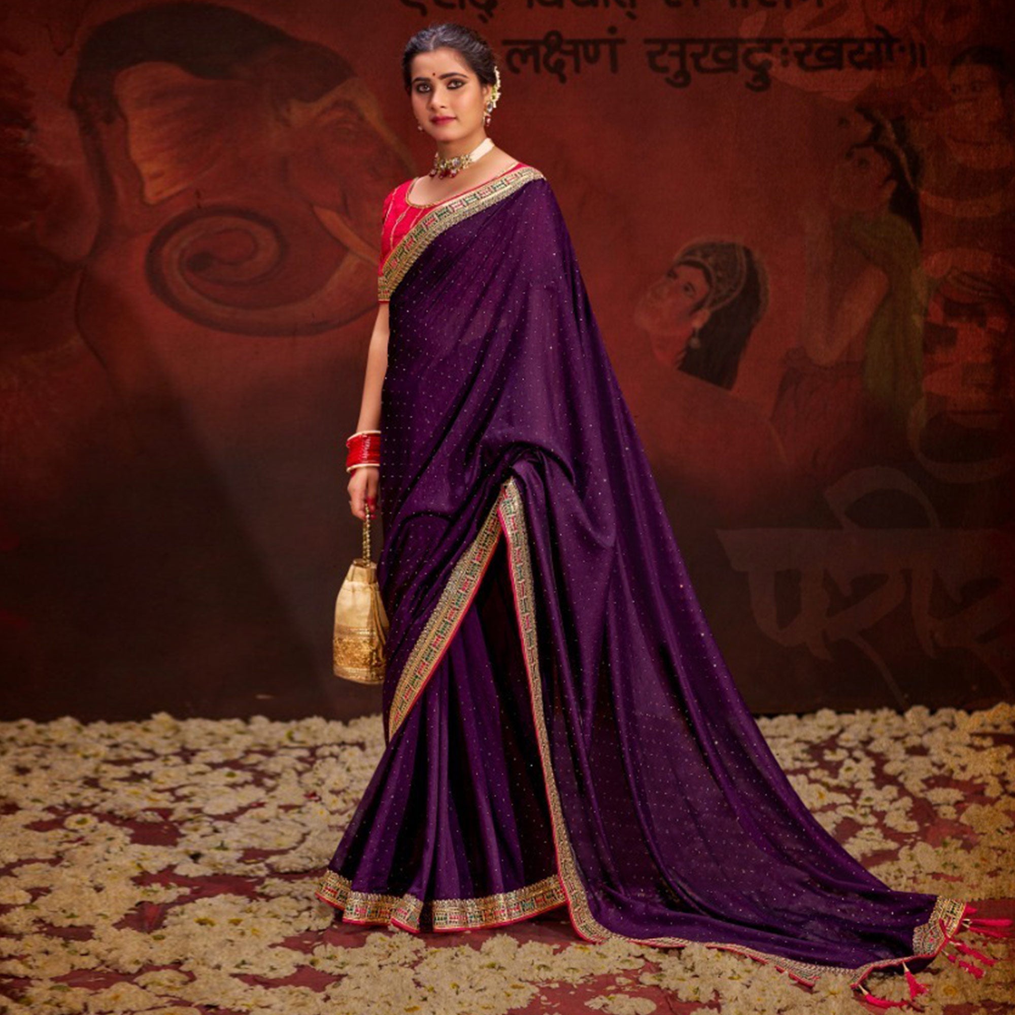 Purple Embroidered Vichitra Silk Saree With Tassels