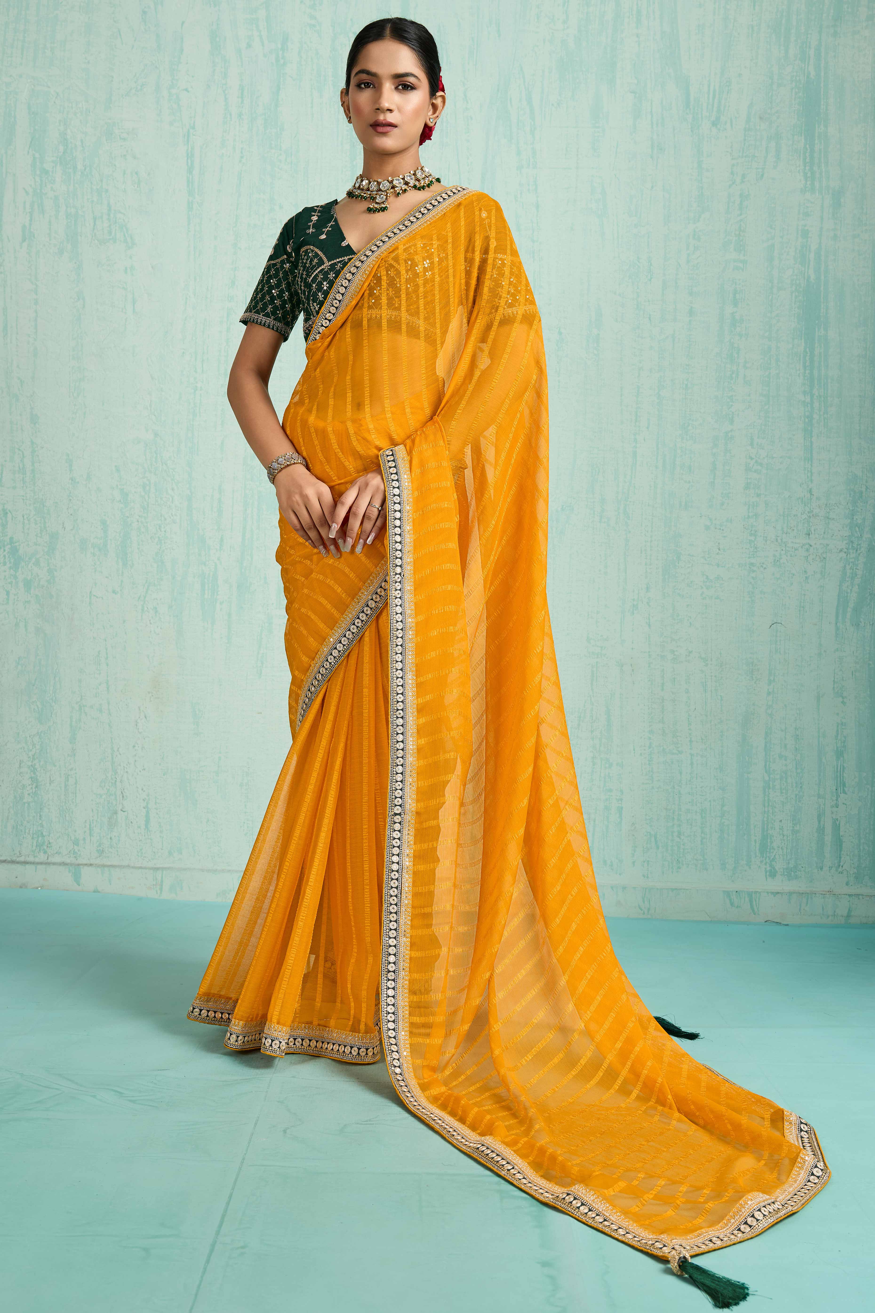 Mustard Chiffon Saree With Elegant Stripes & Sequins Embroidered Border