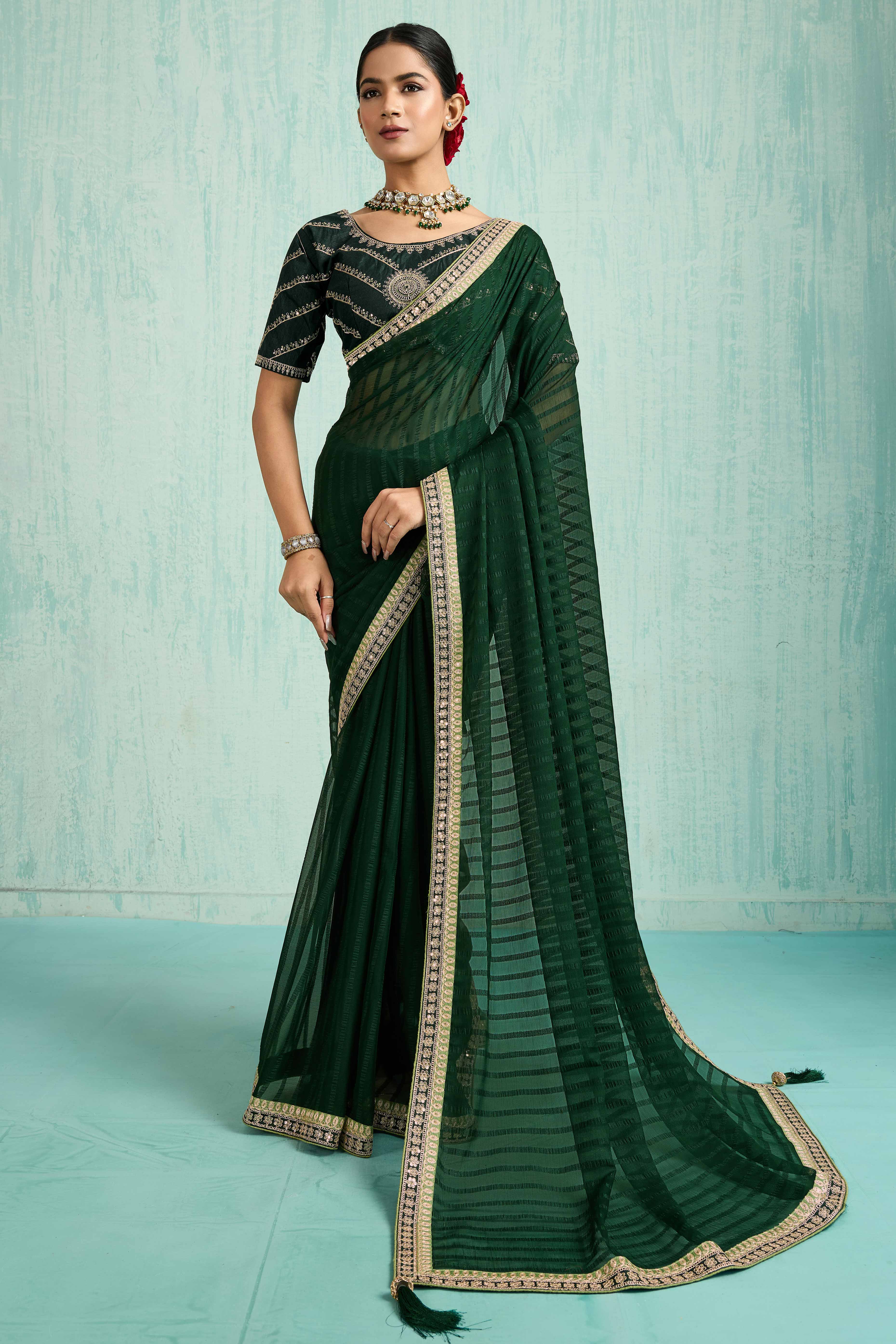 Green Chiffon Saree With Elegant Stripes & Sequins Embroidered Border