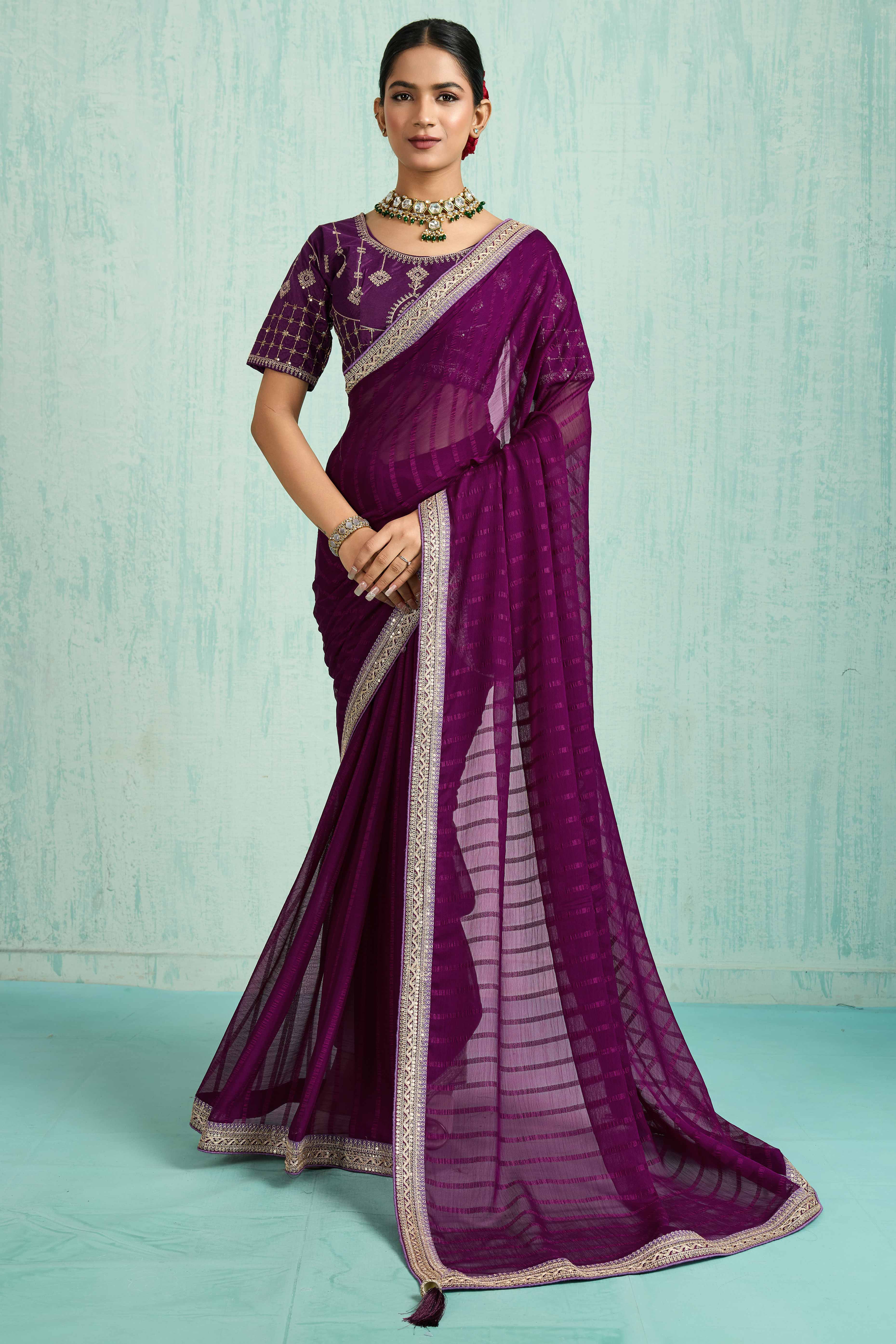 Purple Chiffon Saree With Elegant Stripes & Sequins Embroidered Border