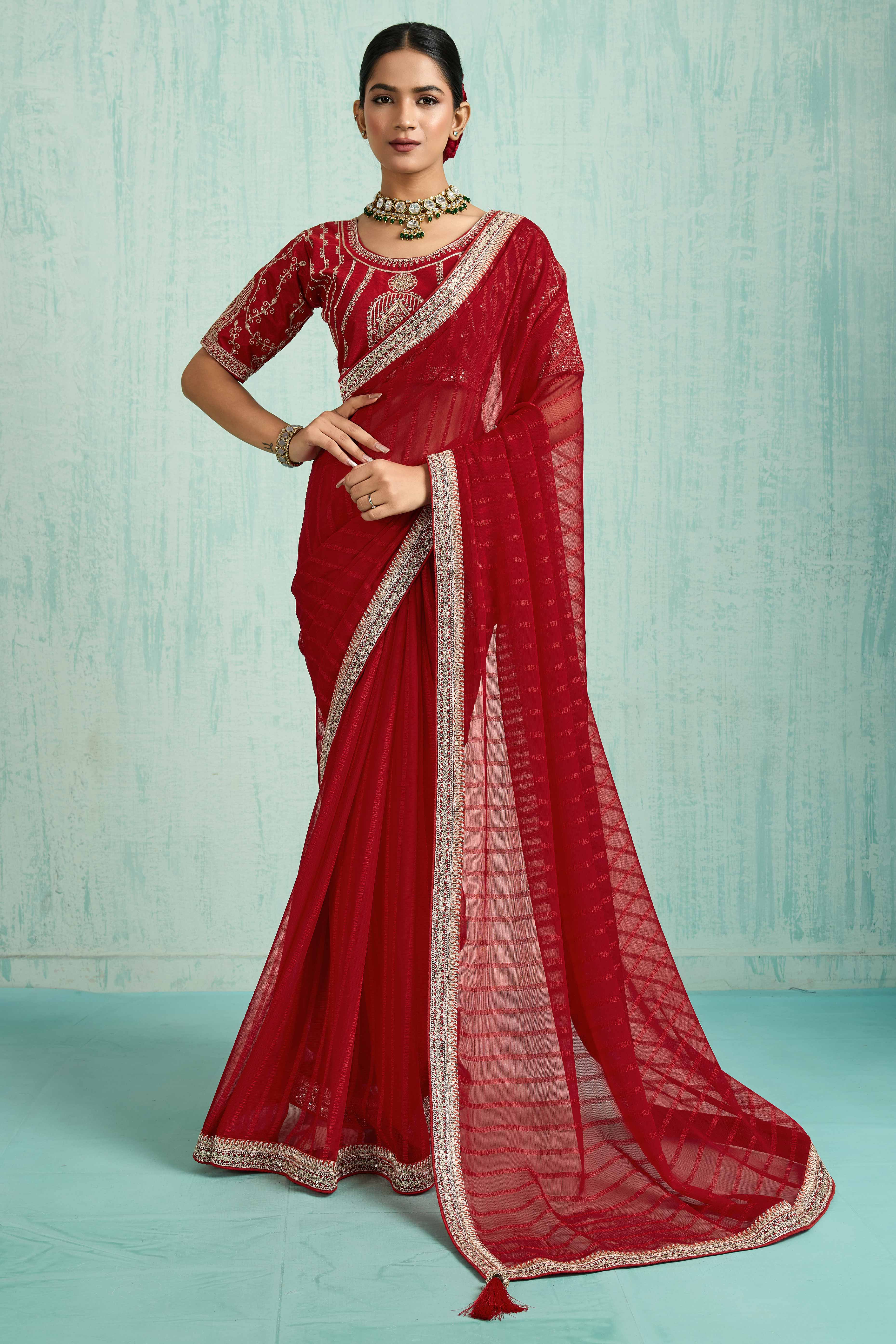 Red Chiffon Saree With Elegant Stripes & Sequins Embroidered Border