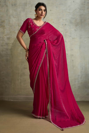 Pink Solid Chiffon Saree With Sparkling Zarkan Border & Latkan Pallu