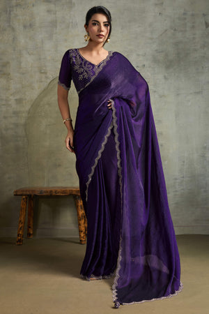 Violet Solid Chiffon Saree With Sparkling Zarkan Border & Latkan Pallu