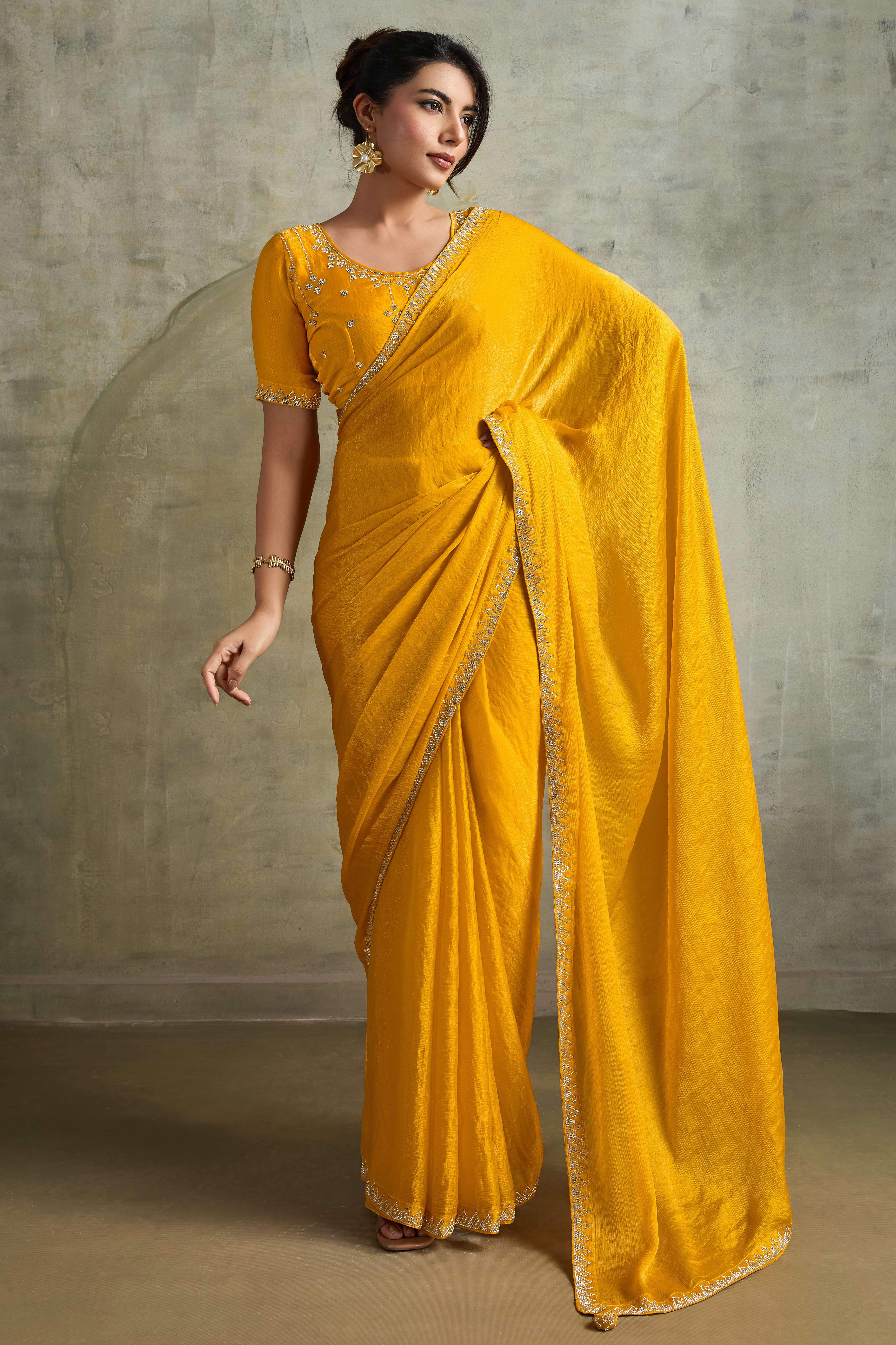 Mustard Solid Chiffon Saree With Sparkling Zarkan Border & Latkan Pallu