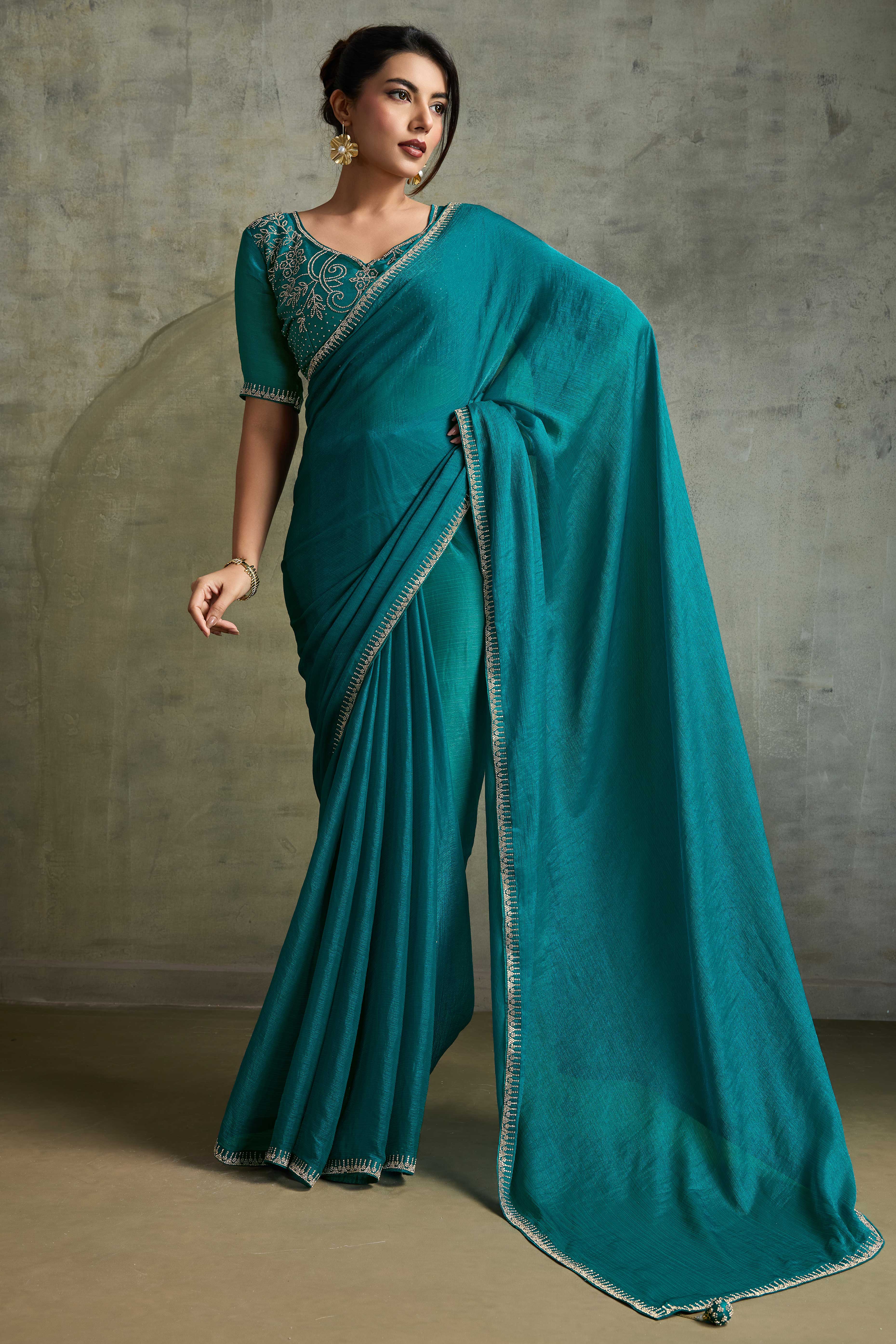 Teal Solid Chiffon Saree With Sparkling Zarkan Border & Latkan Pallu