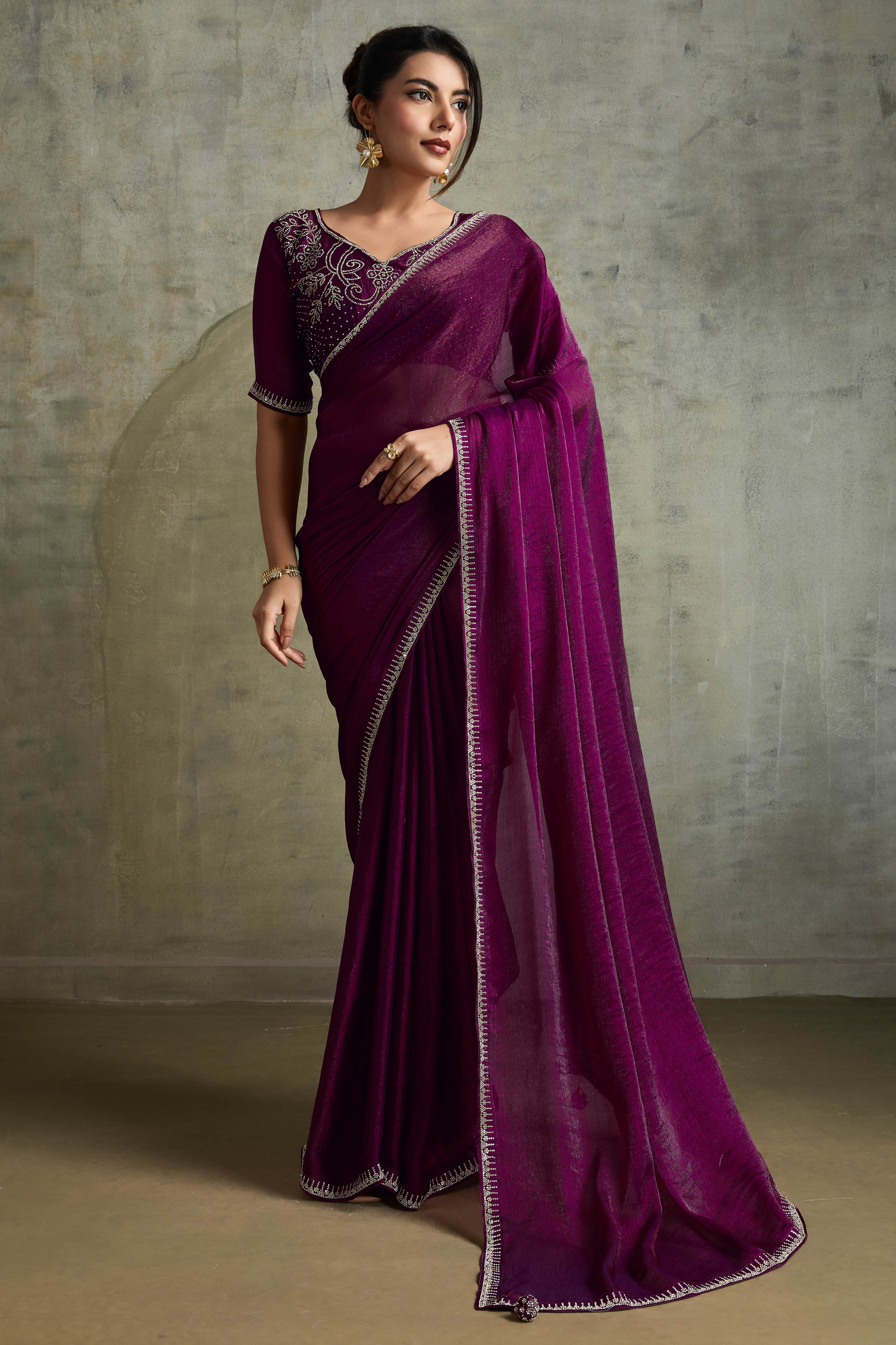 Wine Solid Chiffon Saree With Sparkling Zarkan Border & Latkan Pallu