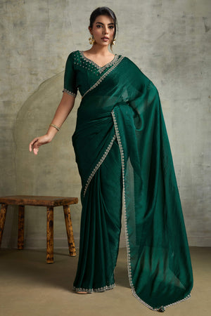 Green Solid Chiffon Saree With Sparkling Zarkan Border & Latkan Pallu