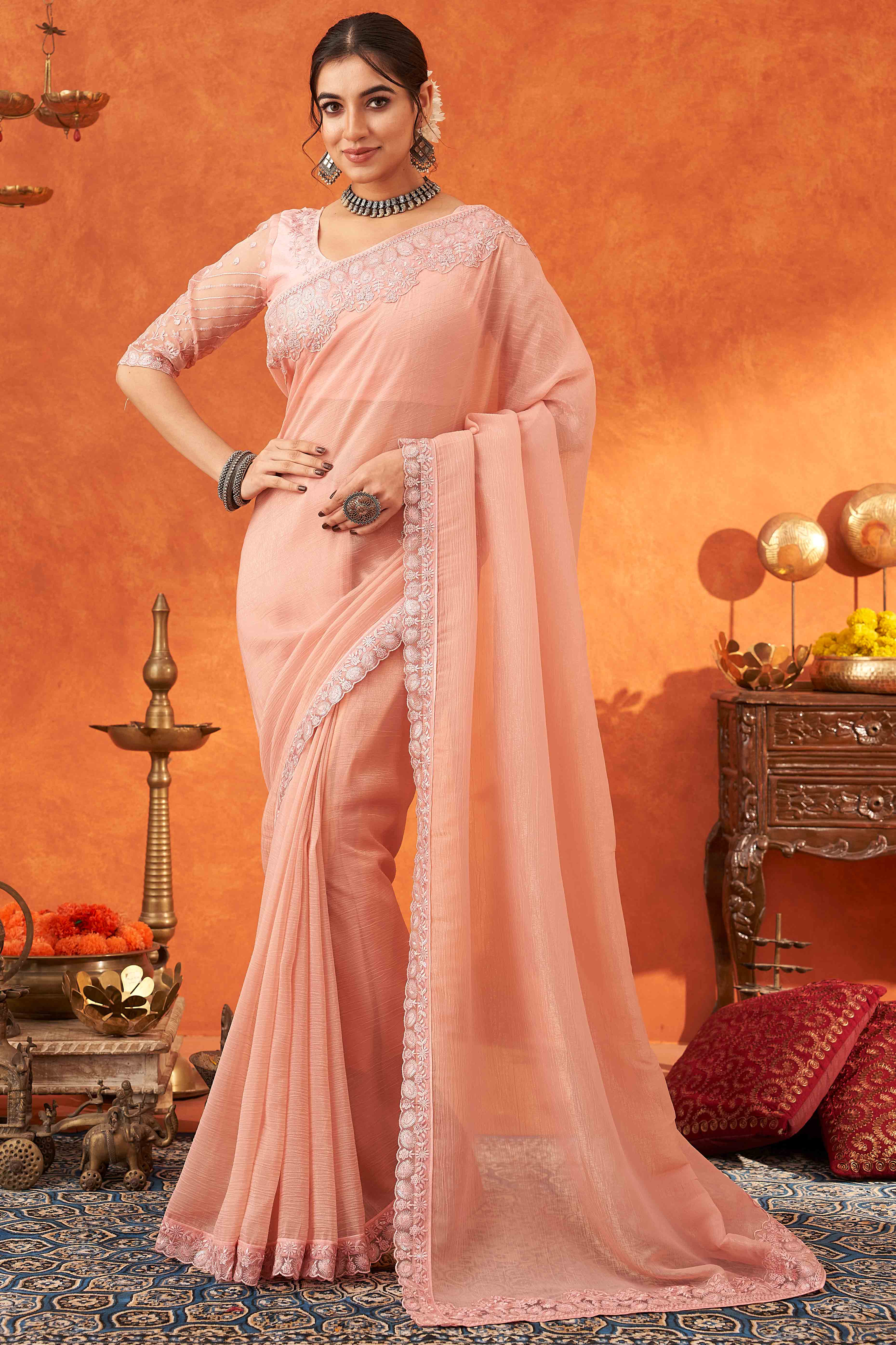 Peach Embroidered Crunchy Soft Net Saree With Embellished Border