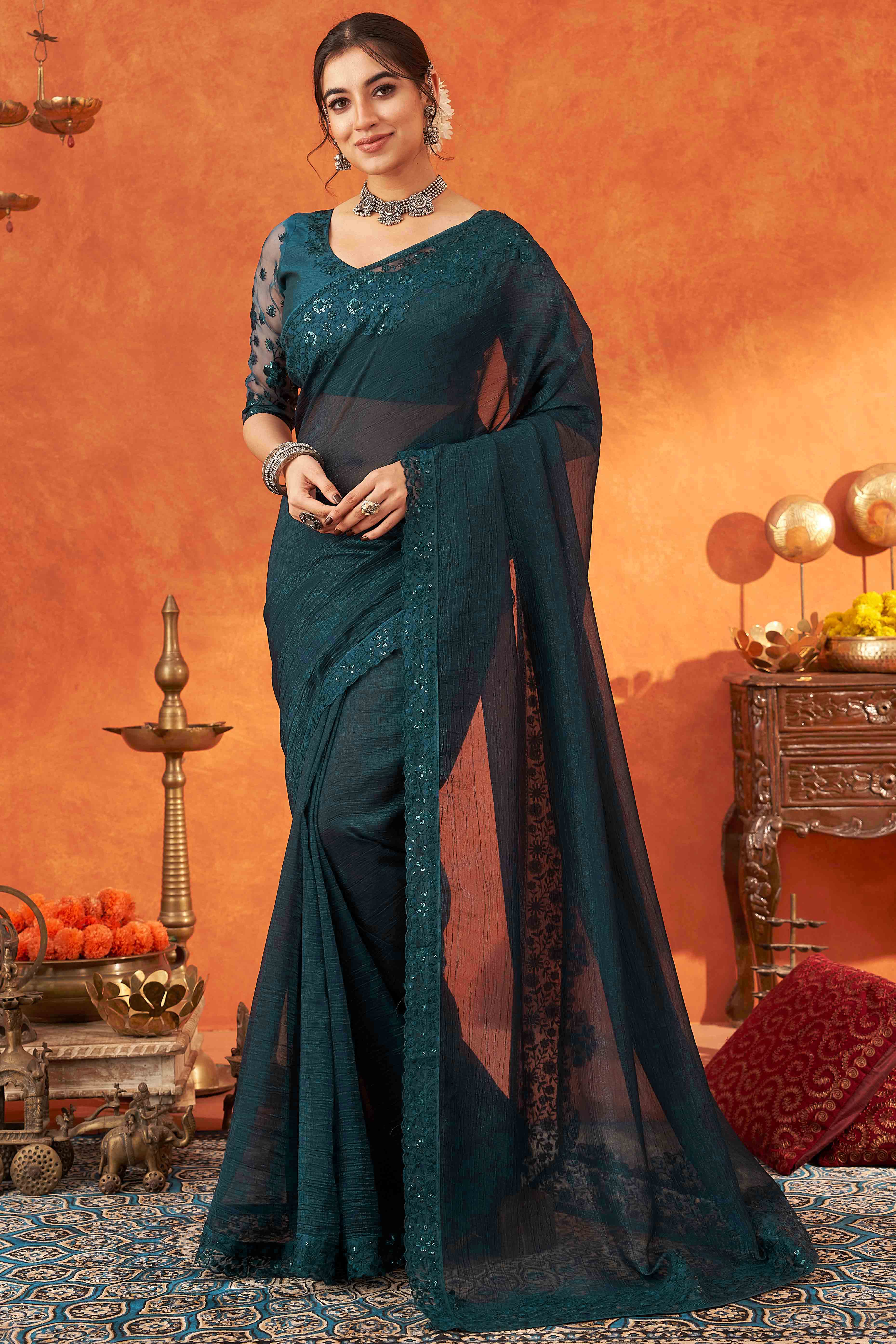 Teal Embroidered Crunchy Soft Net Saree With Embellished Border