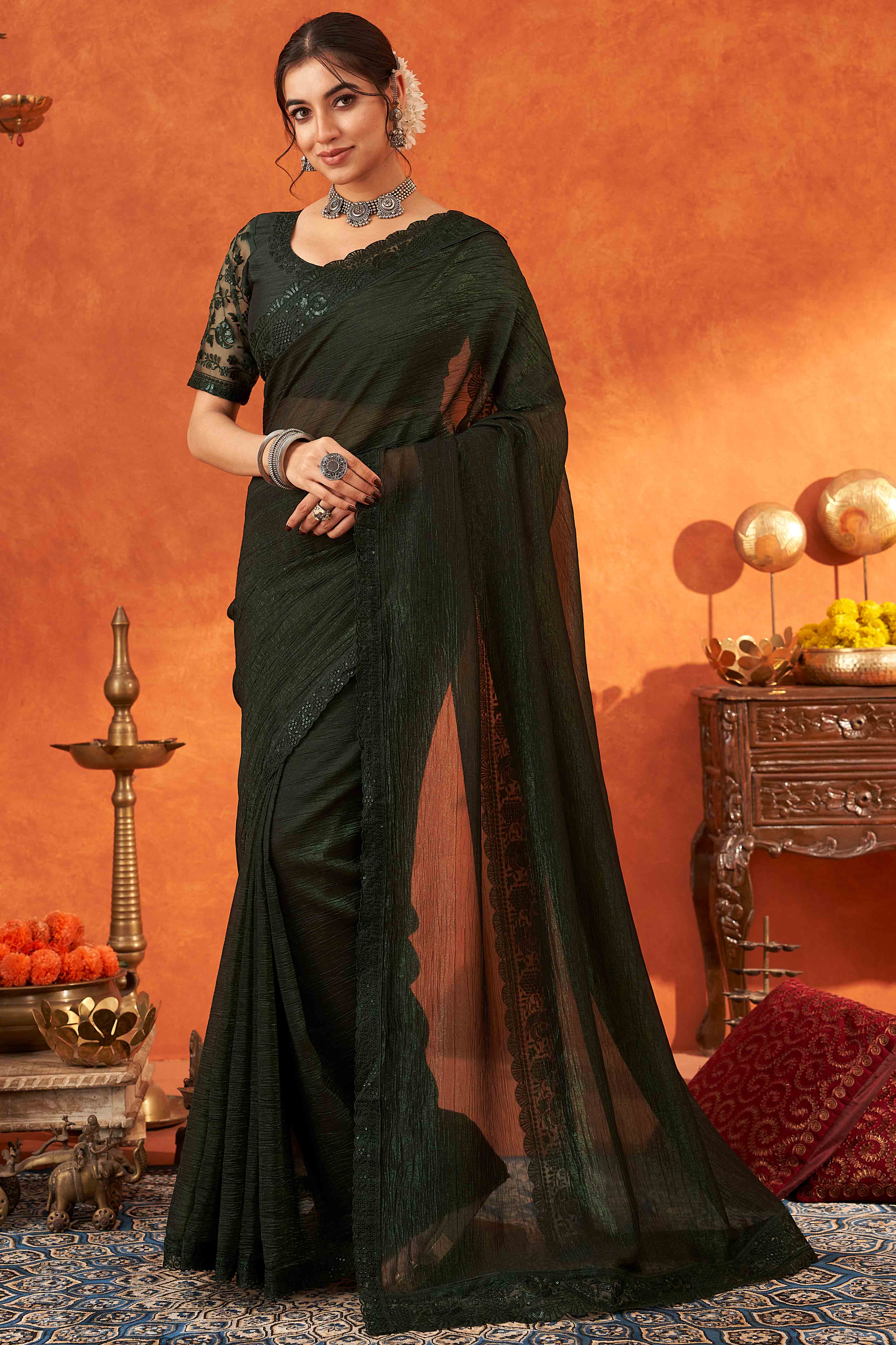 Green Embroidered Crunchy Soft Net Saree With Embellished Border