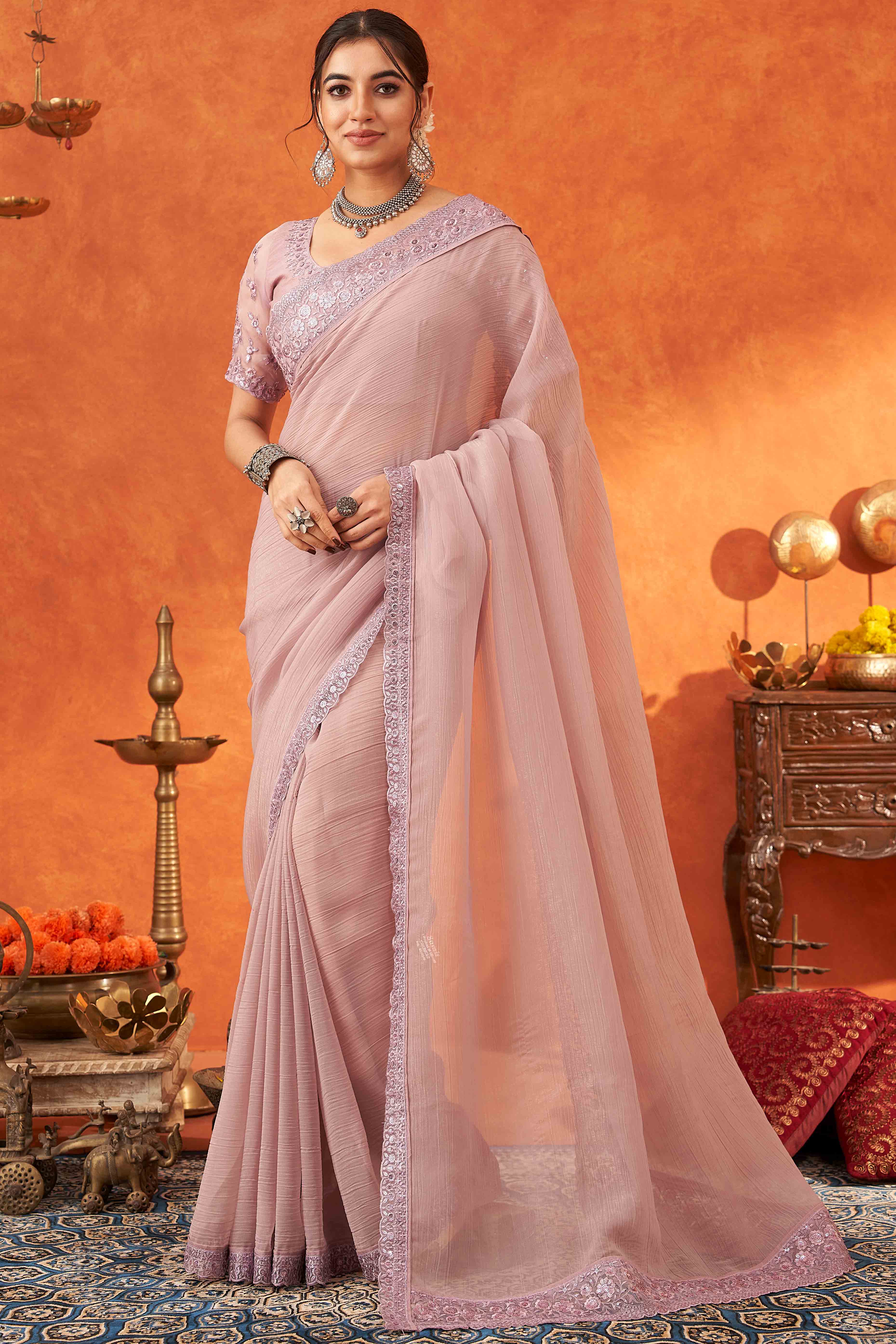 Lavender Embroidered Crunchy Soft Net Saree With Embellished Border