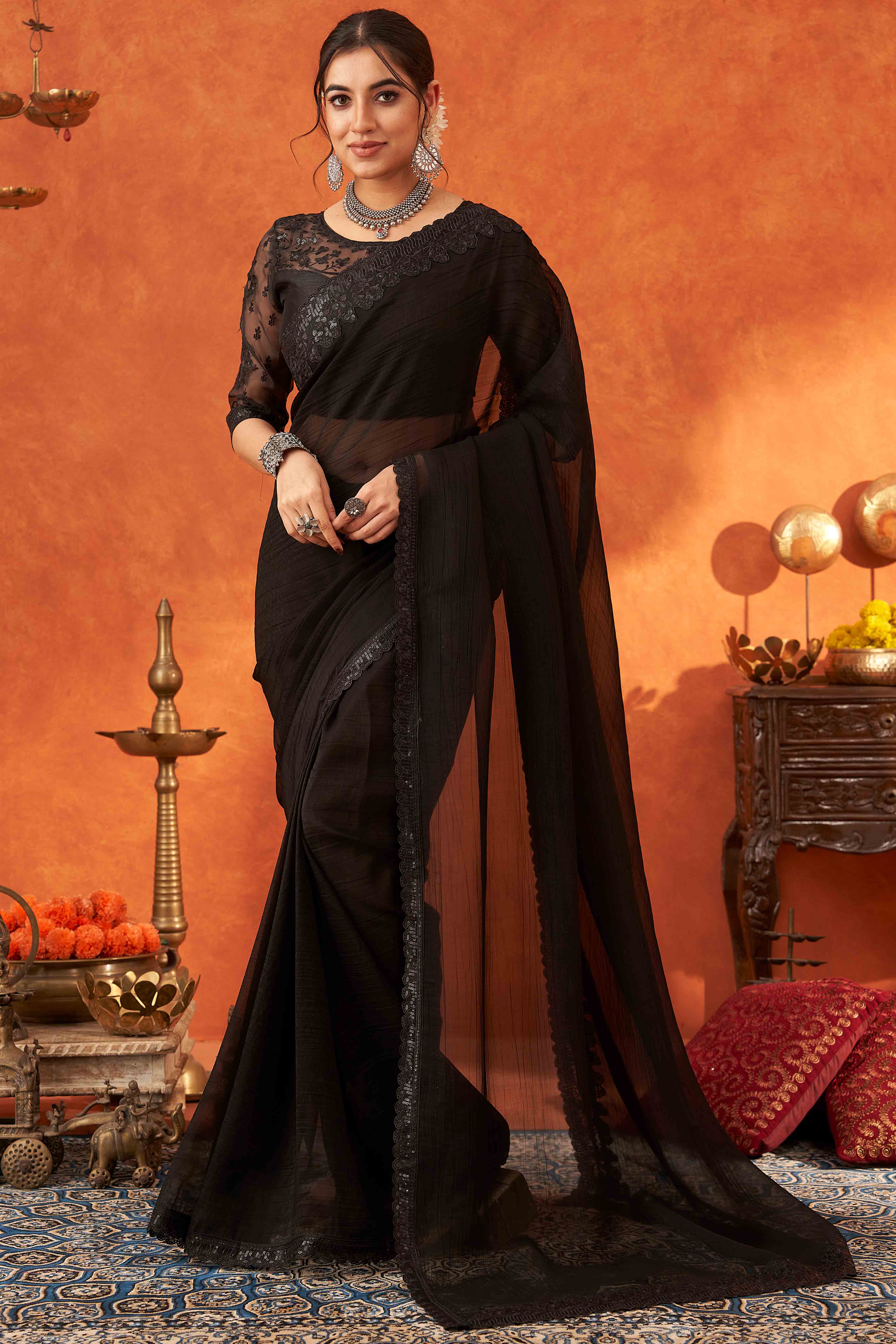 Black Embroidered Crunchy Soft Net Saree With Embellished Border