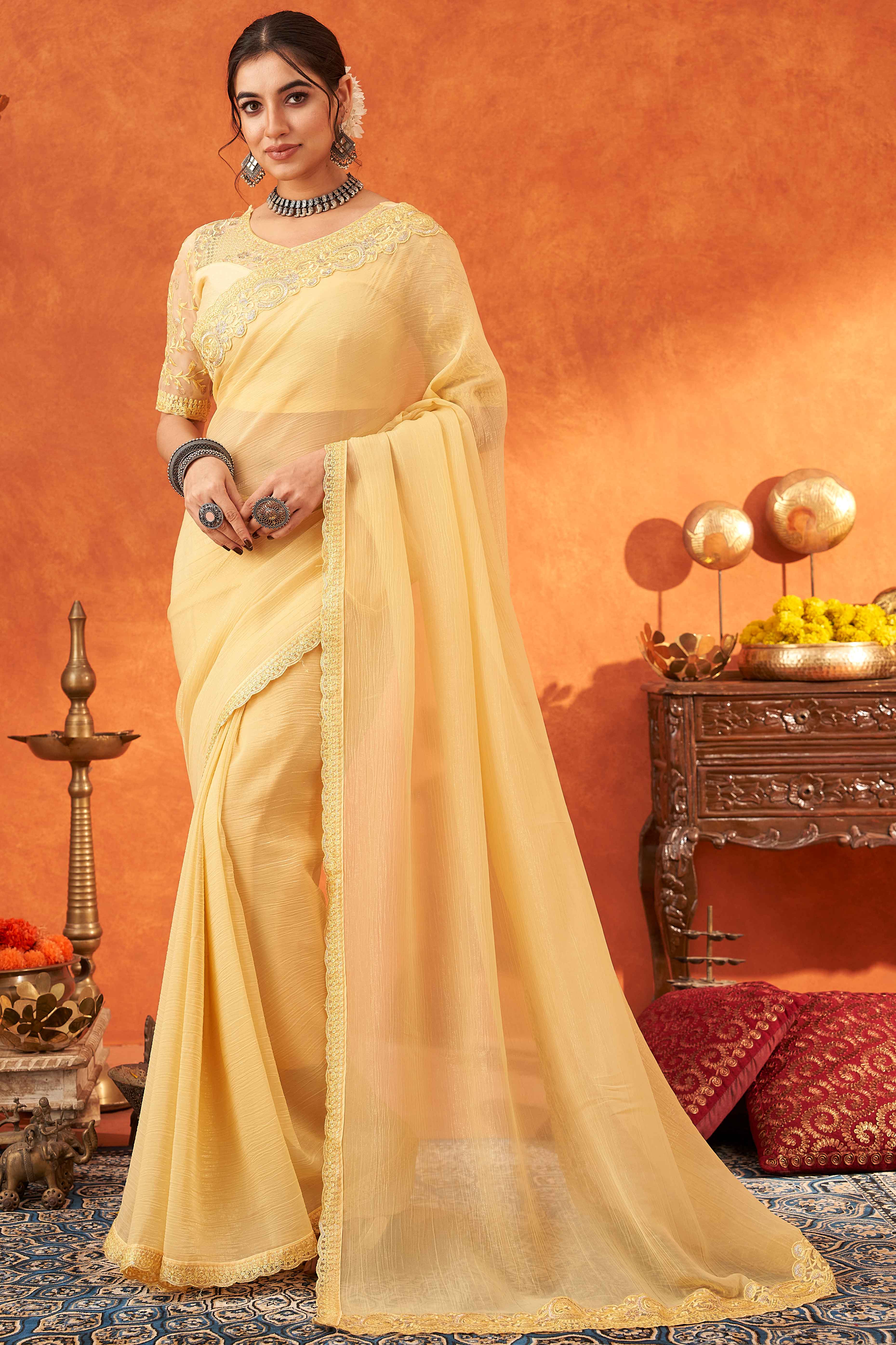 Yellow Embroidered Crunchy Soft Net Saree With Embellished Border