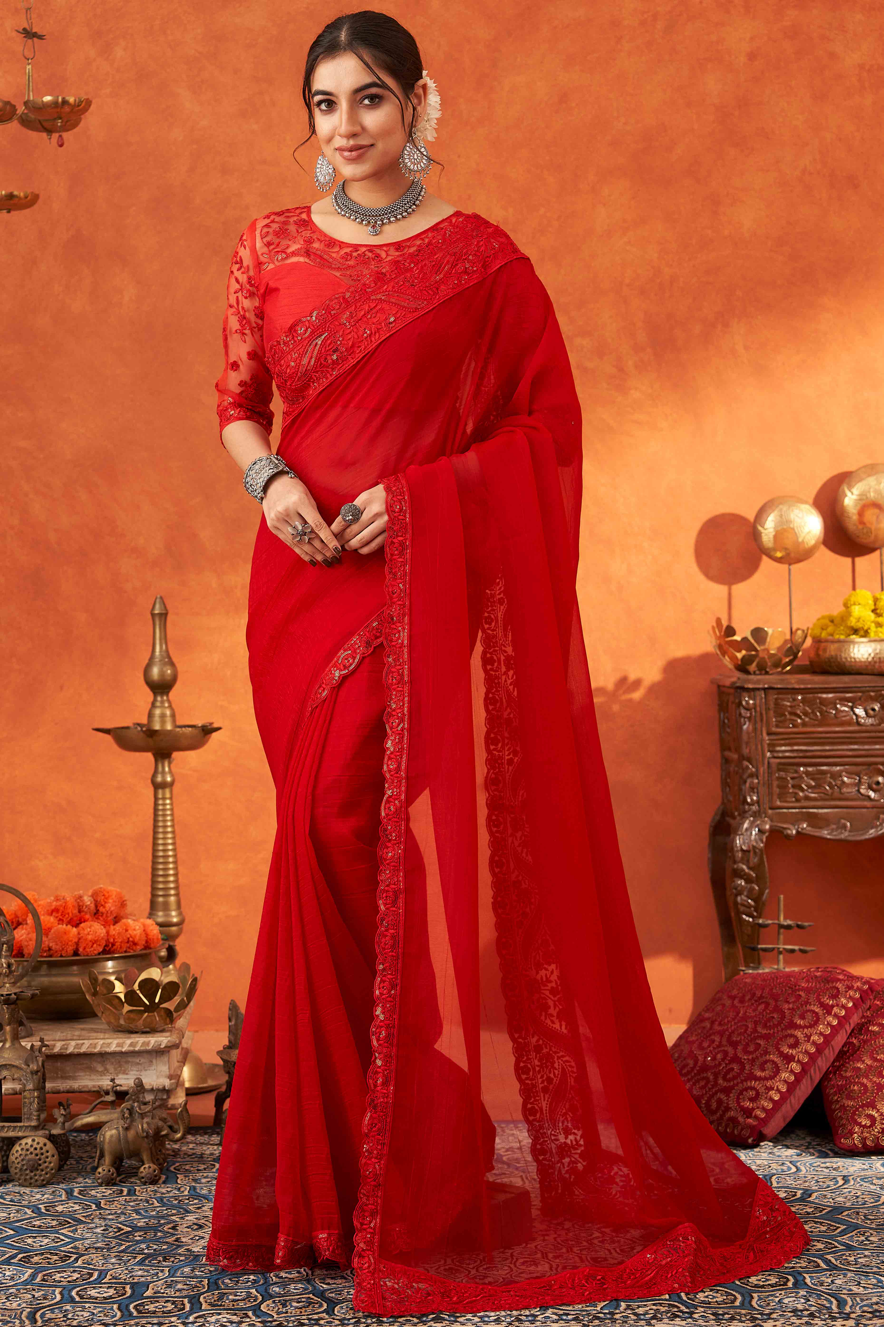 Red Embroidered Crunchy Soft Net Saree With Embellished Border