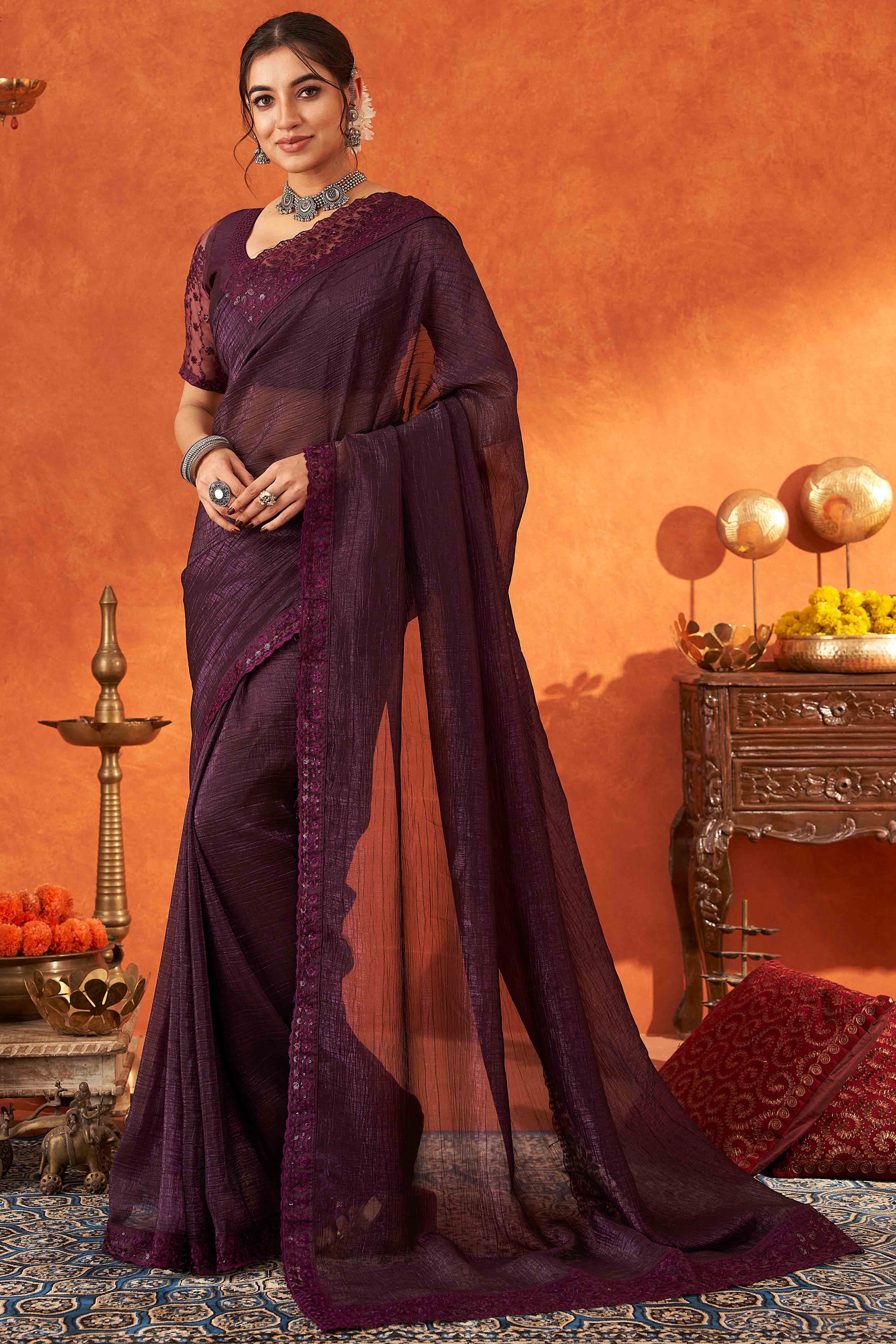 Wine Embroidered Crunchy Soft Net Saree With Embellished Border