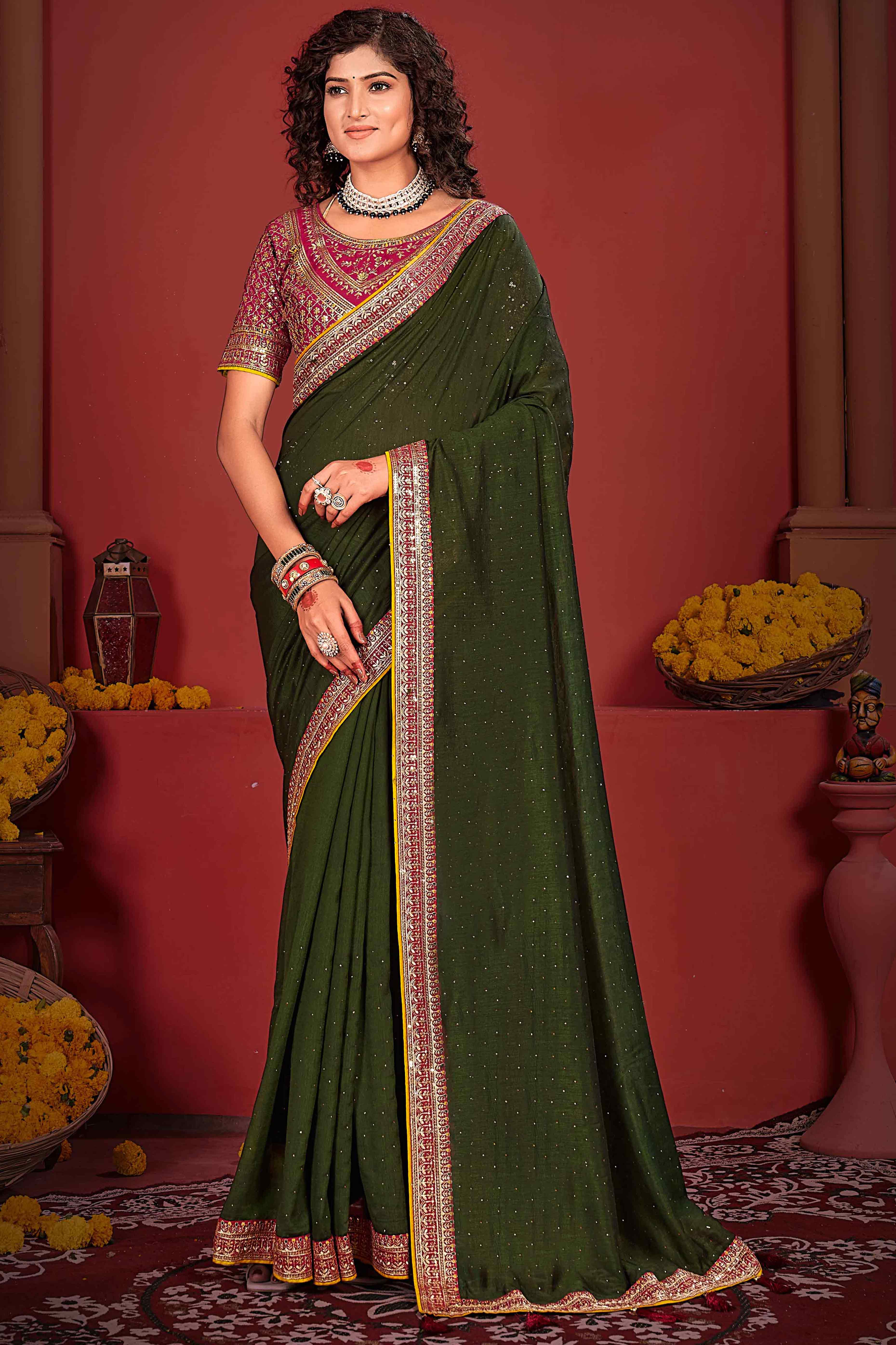 Mehandi Green Swarovski Work Embroidered Vichitra Silk Saree