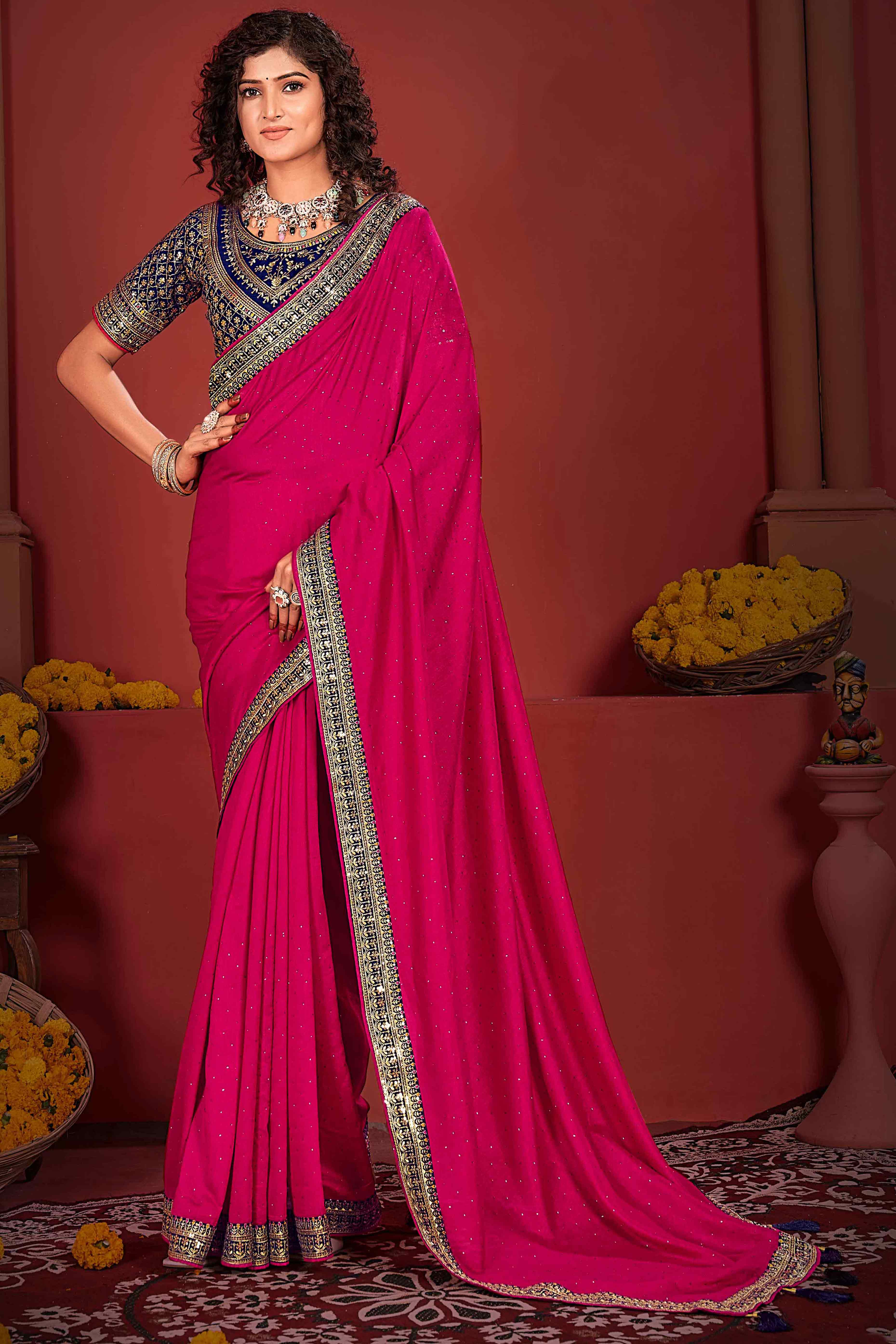 Rani Pink Swarovski Work Embroidered Vichitra Silk Saree