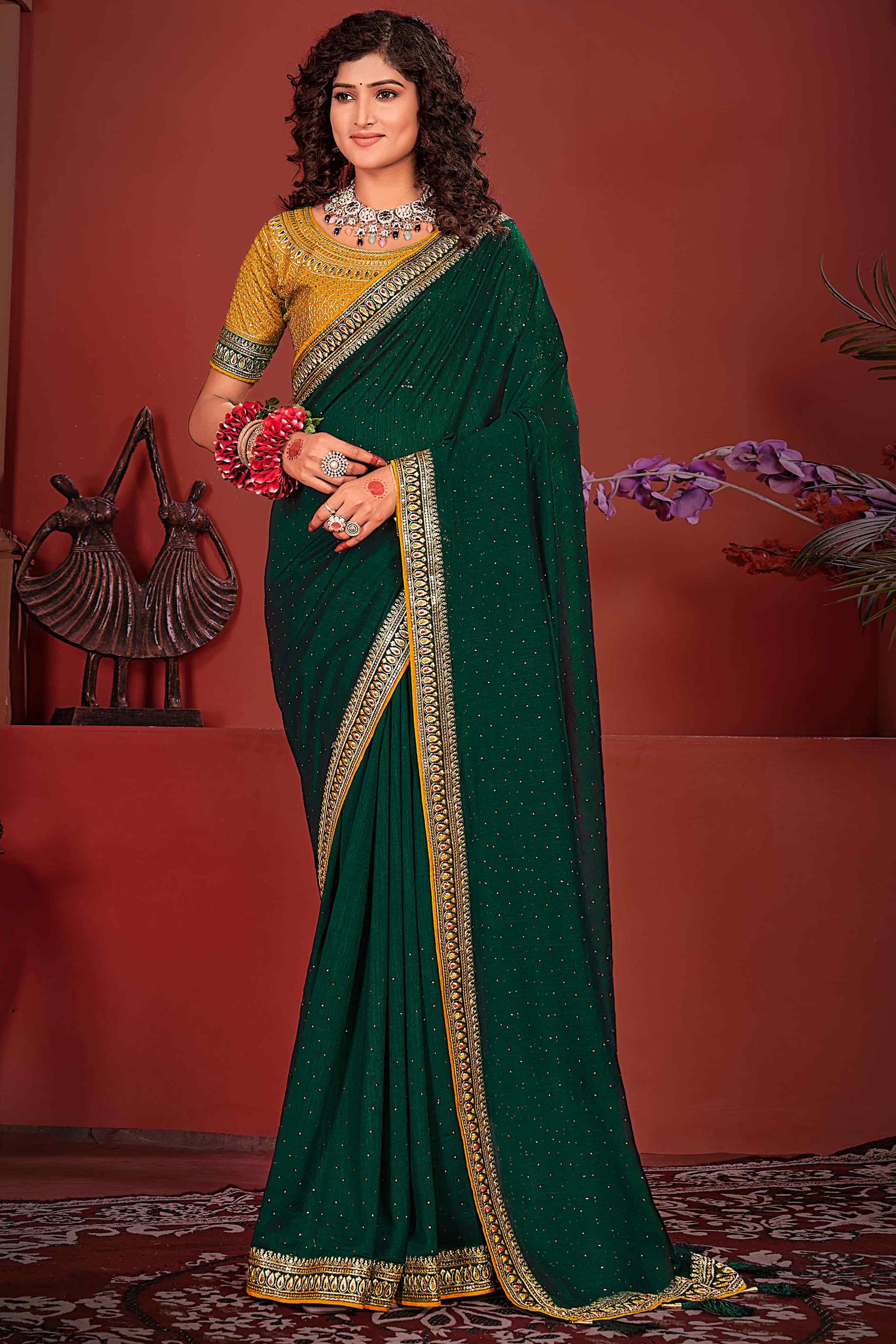 Dark Green Swarovski Work Embroidered Vichitra Silk Saree