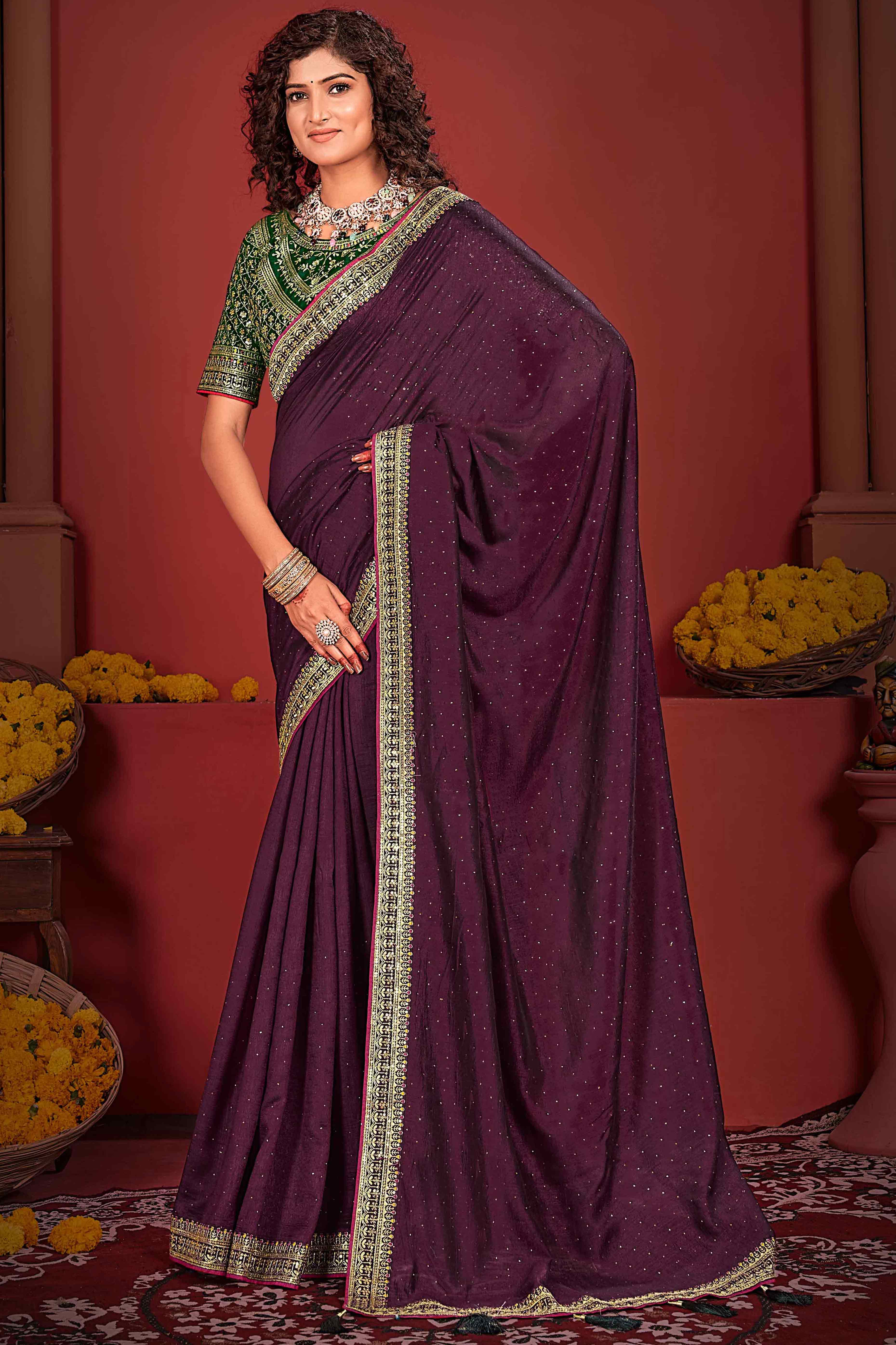 Wine Swarovski Work Embroidered Vichitra Silk Saree