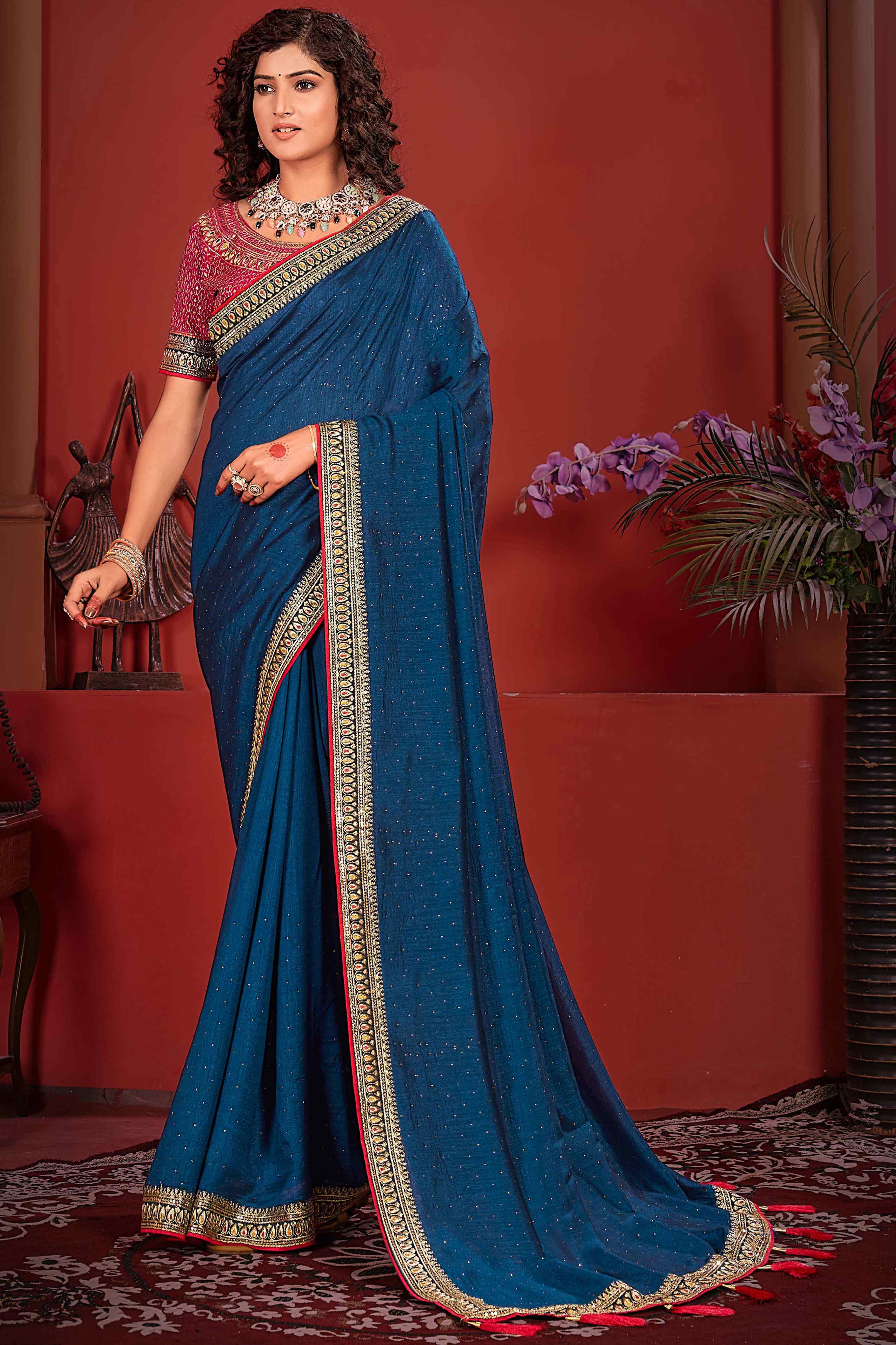 Teal Swarovski Work Embroidered Vichitra Silk Saree