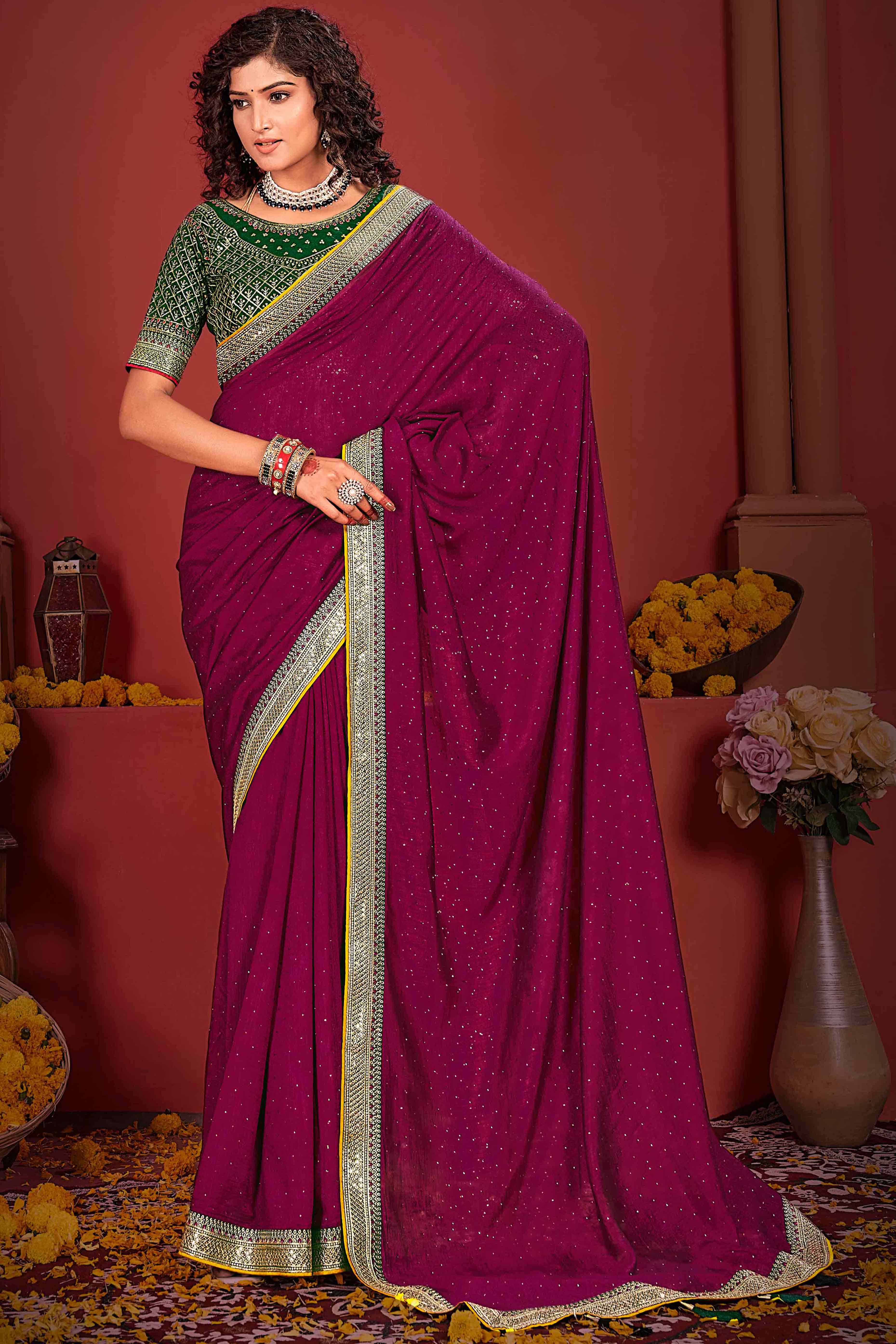 Magenta Swarovski Work Embroidered Vichitra Silk Saree